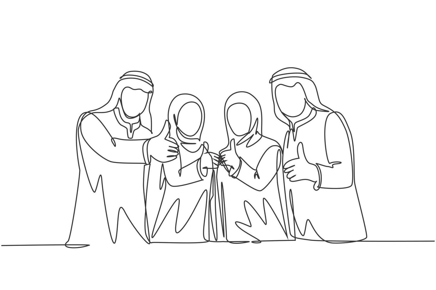 One single line drawing of young happy muslim businesspeople line up neatly and give thumbs up. Saudi Arabia cloth shmag, kandora, headscarf, ghutra. Continuous line draw design vector illustration