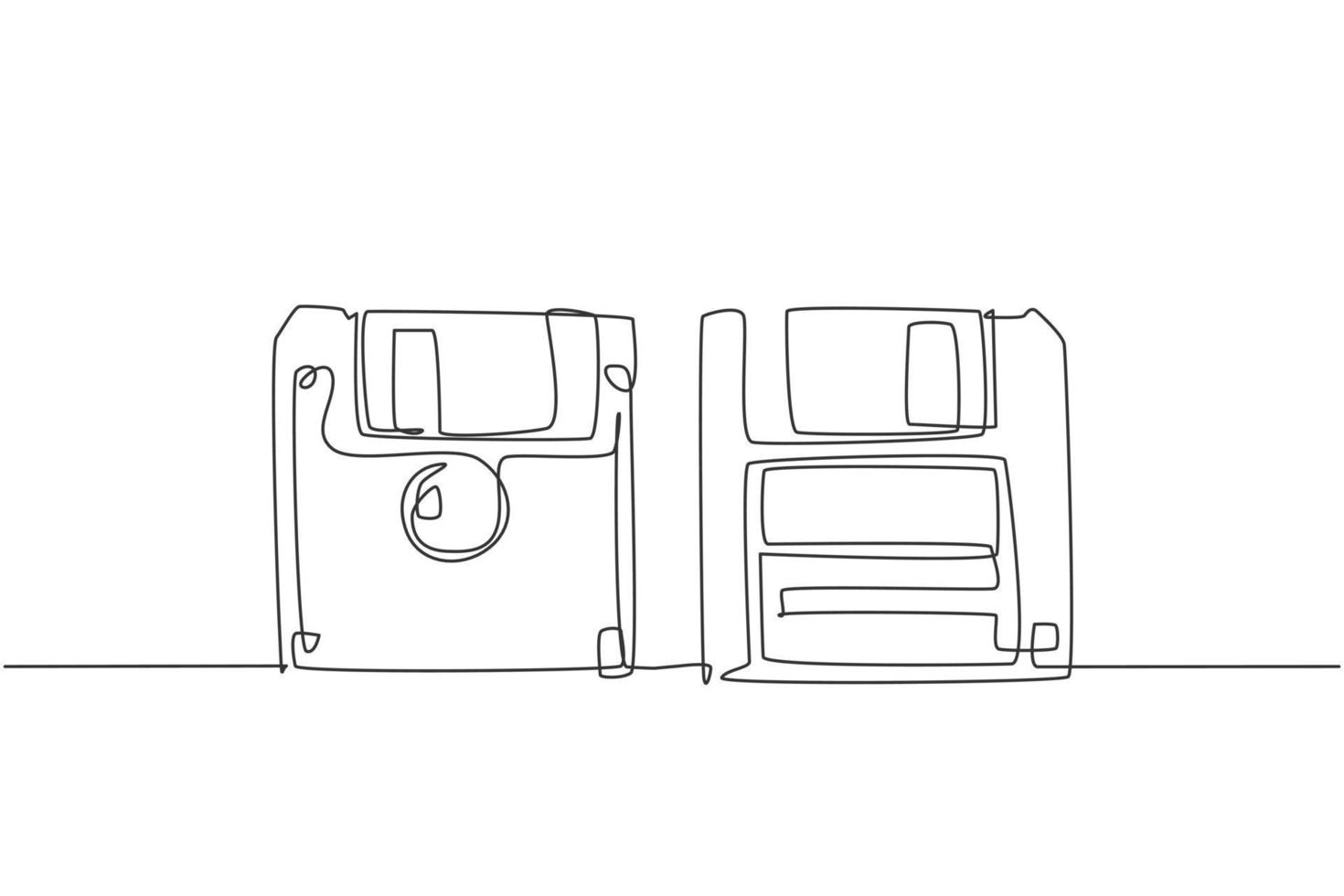 One single line drawing of retro old classic 3.5 inch floppy disk front and back side. Vintage file storage diskette item concept continuous line graphic draw design vector illustration