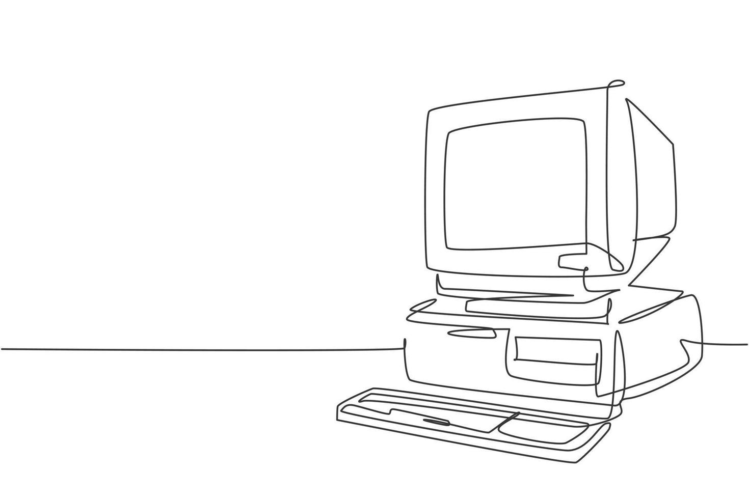 dibujo de línea continua única de la unidad de procesador de computadora personal clásica antigua retro. CPU vintage con monitor analógico y concepto de elemento de teclado Ilustración de vector gráfico de diseño de dibujo de una línea