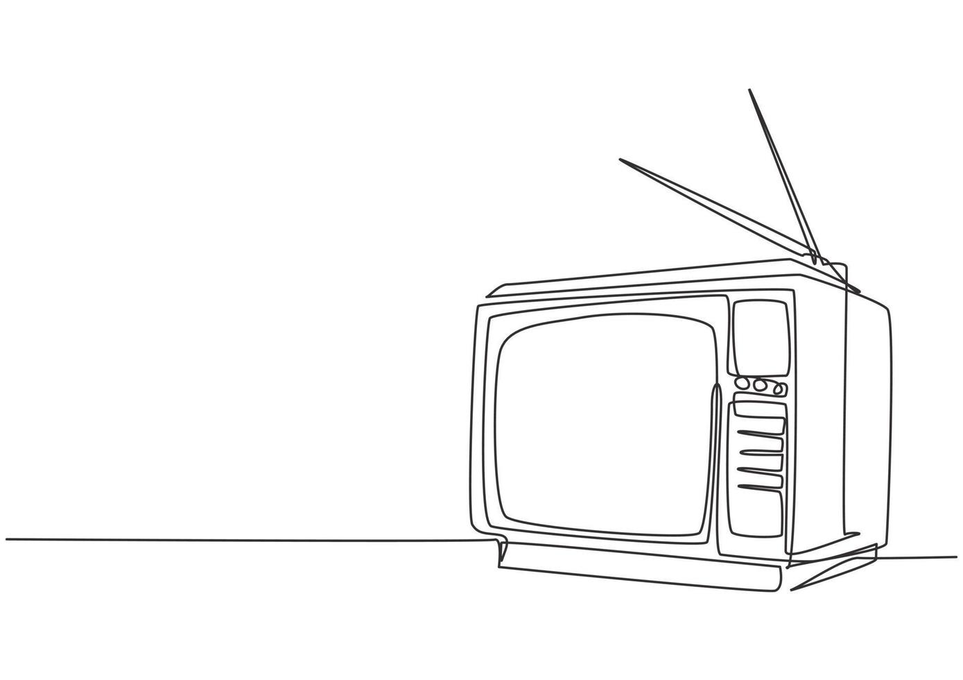 One continuous line drawing of retro old fashioned tv with wooden case and internal antenna. Classic vintage analog television concept single line draw design vector graphic illustration