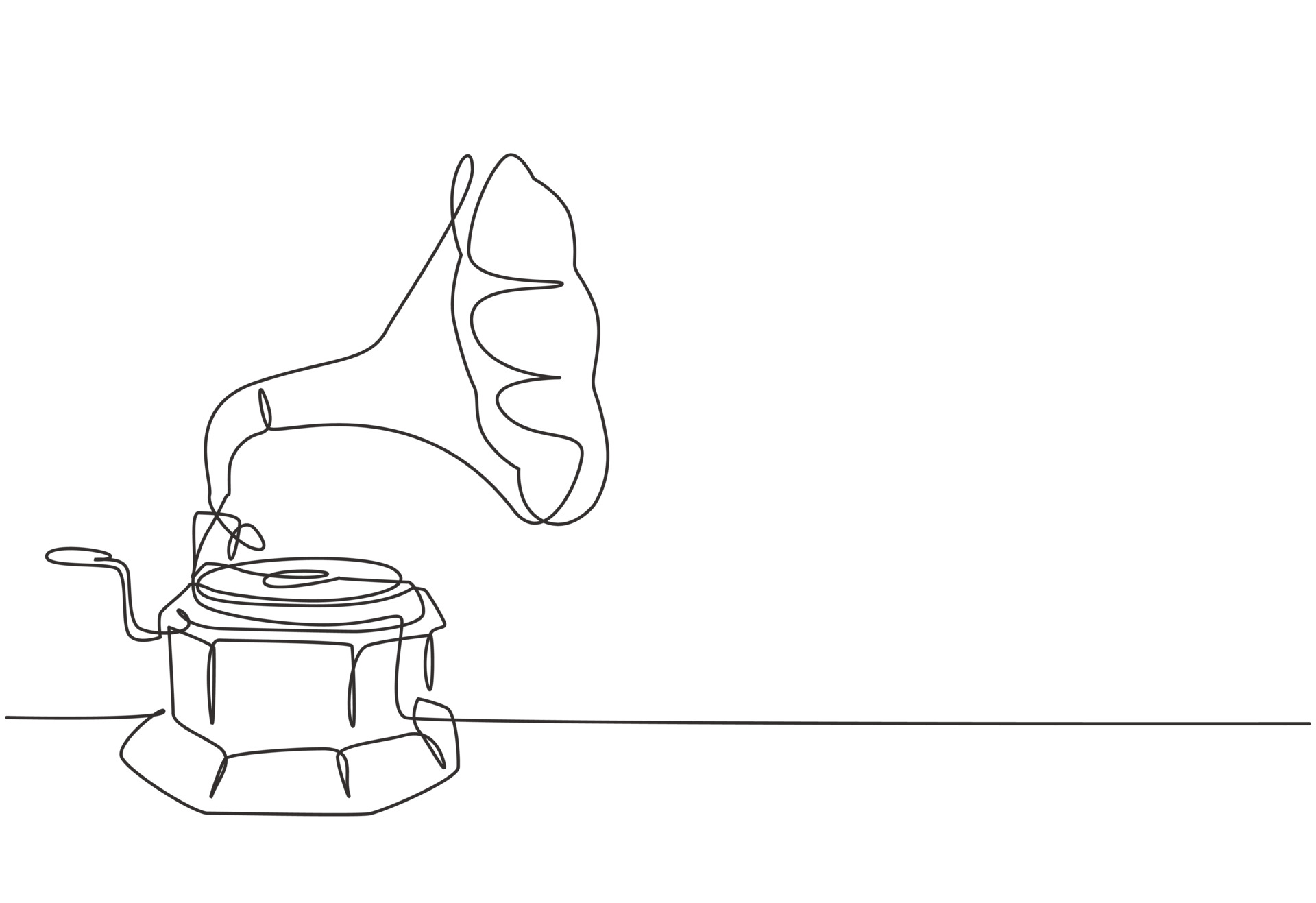 Single continuous line drawing of old retro analog vinyl gramophone