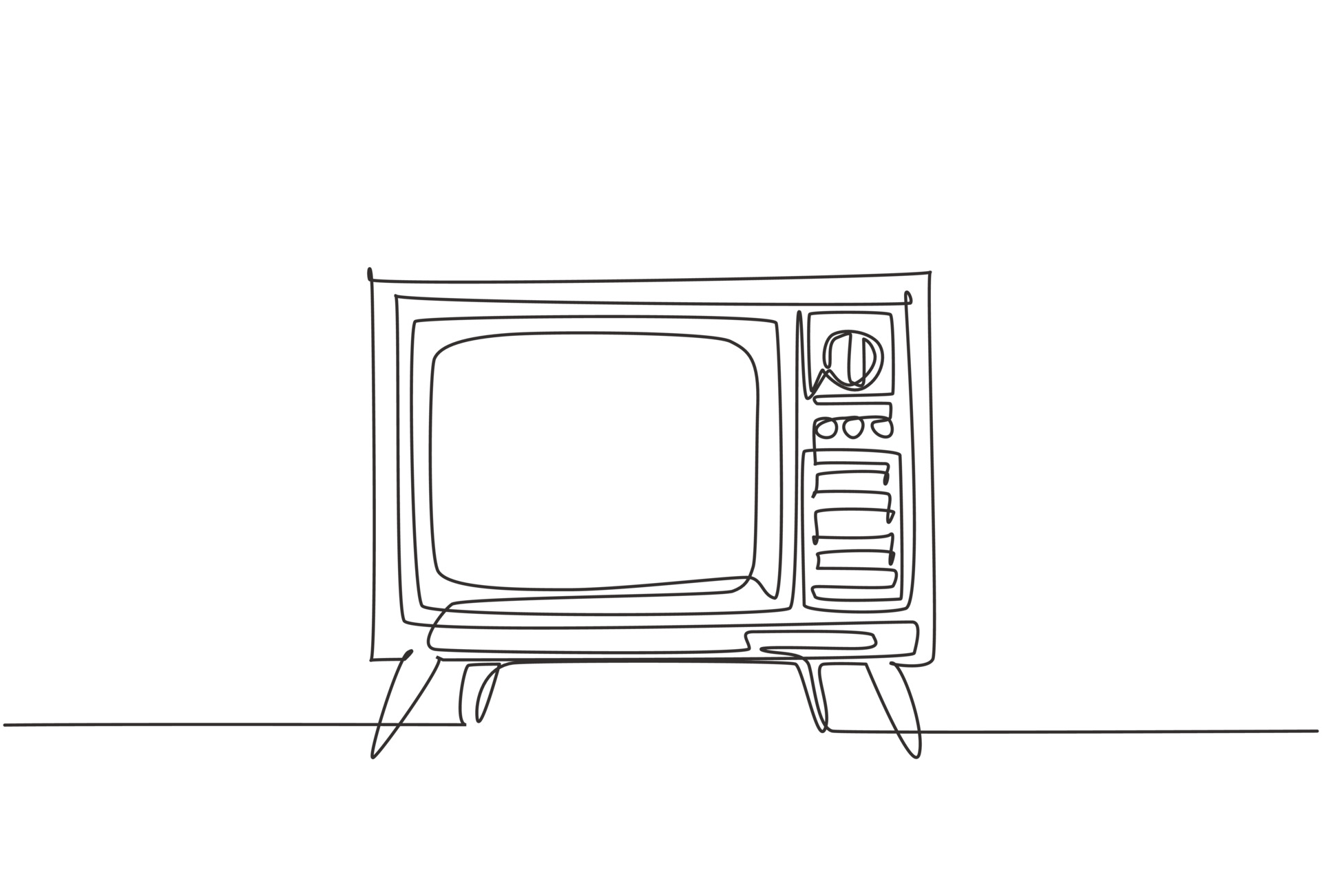 Single continuous line drawing of retro old fashioned tv with wooden