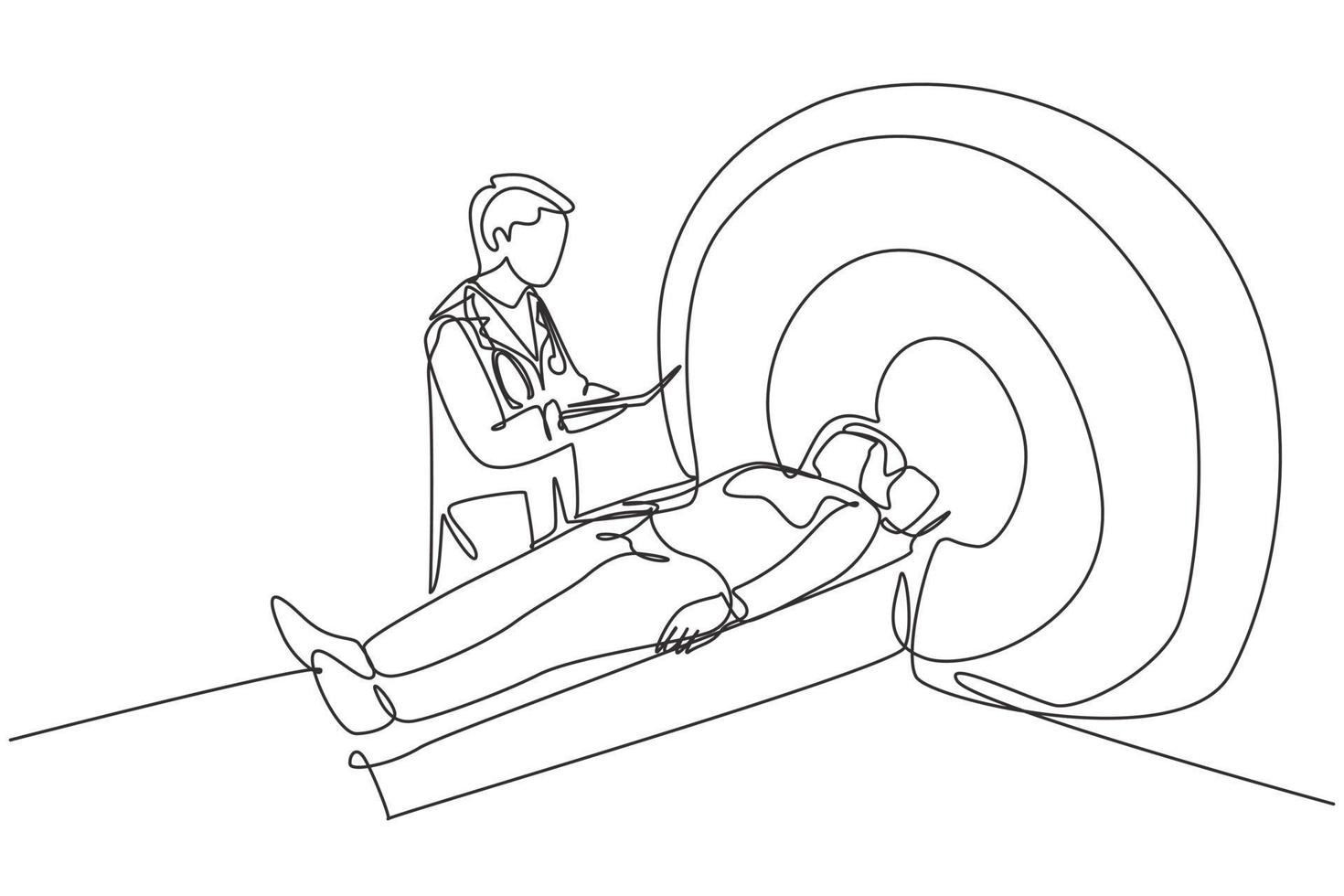 Single continuous line drawing of young male doctor do MRI procedure to the patient who suffered stroke brain damage. Medical treatment service concept one line draw design vector illustration