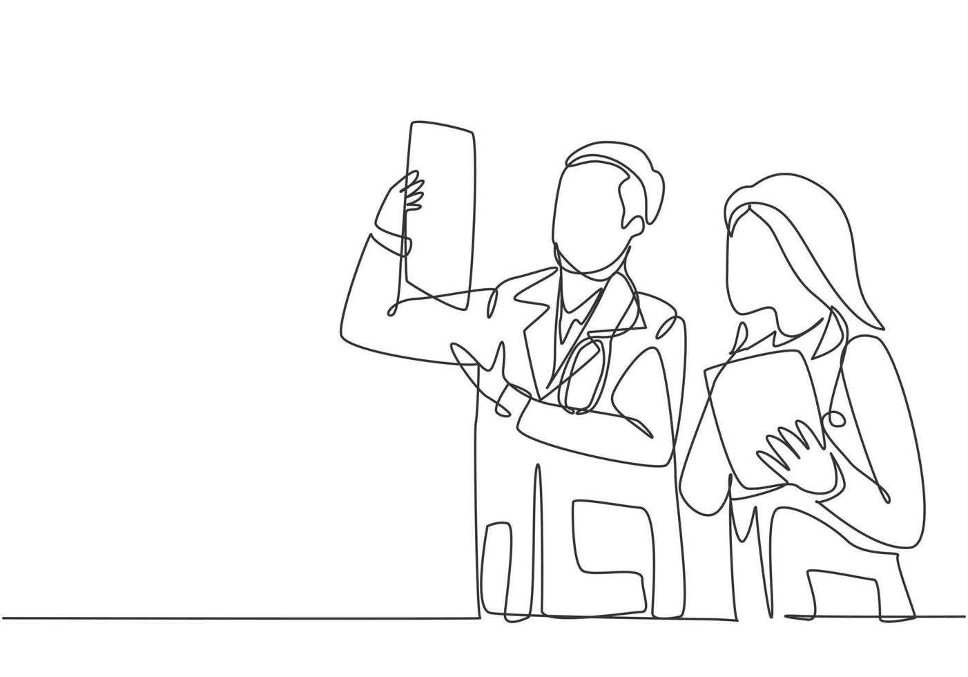 One continuous single line drawing of young male and female doctor discussing and diagnosing patient x-ray photo result together. Medical healthcare concept single line draw design vector illustration