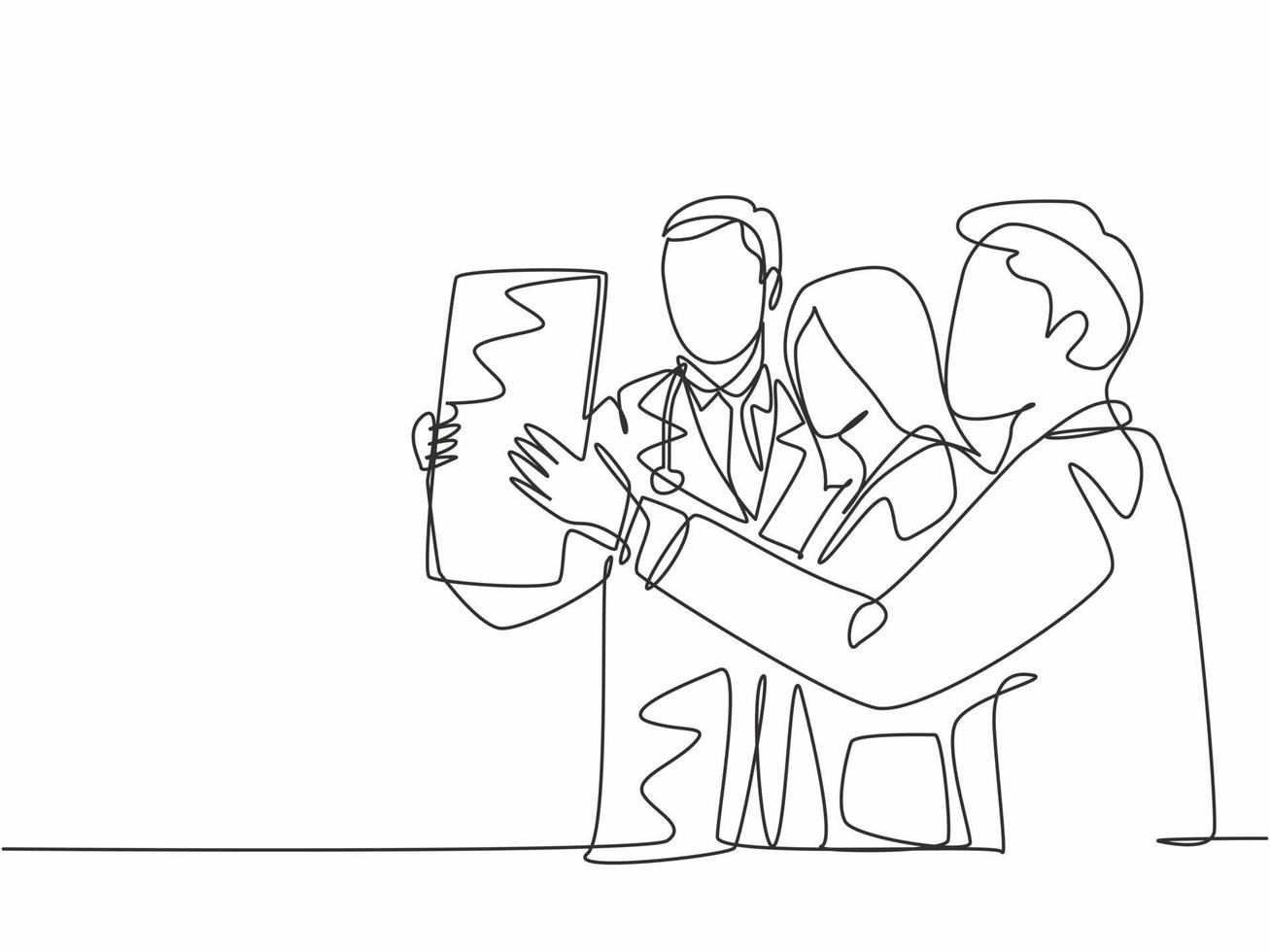 One single line drawing group of team doctor discussing and diagnosing patient x-ray photo result at hospital. Medical health care service concept continuous line draw design vector illustration