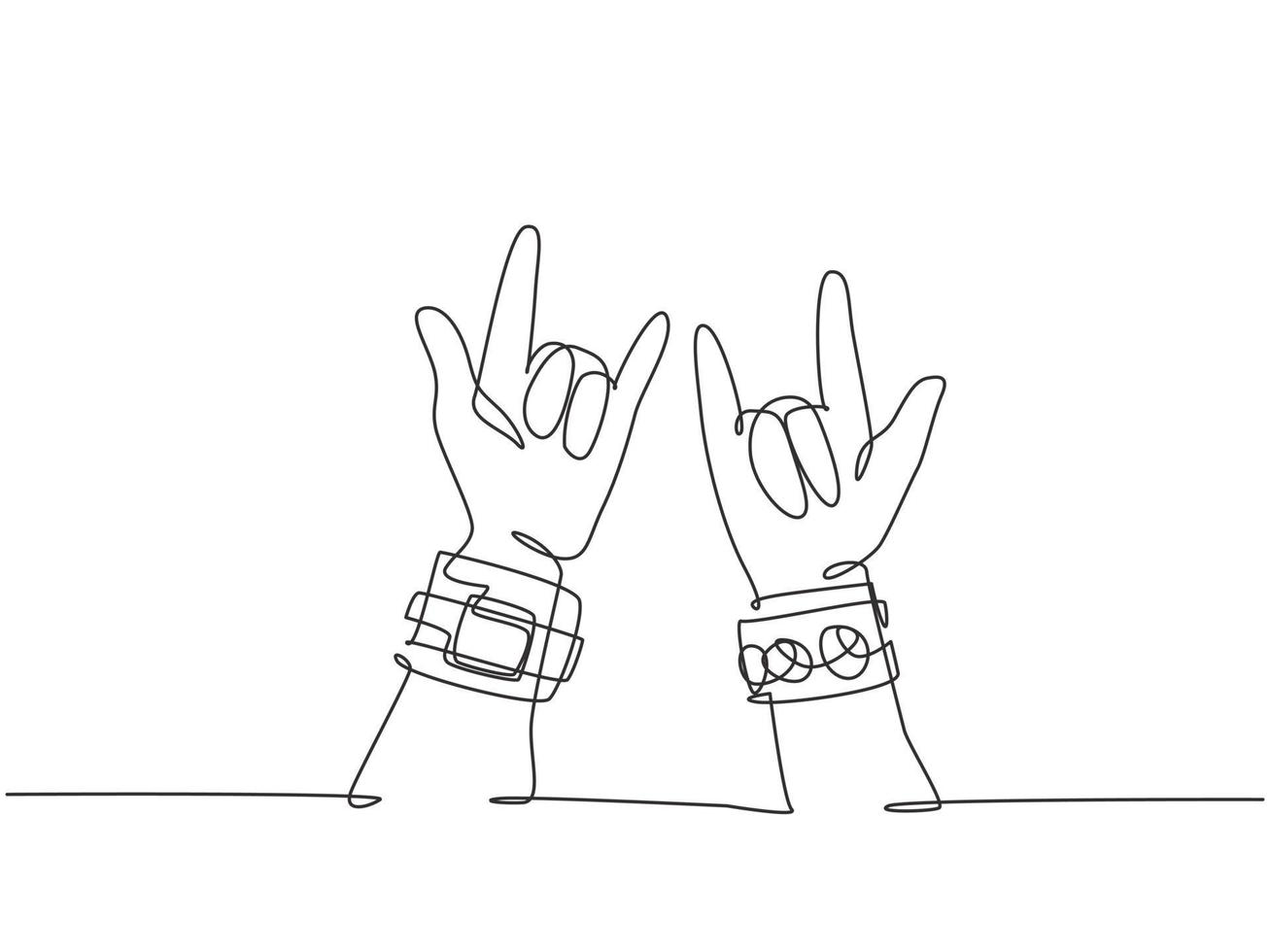 Single continuous line drawing of rocker showing hand gesture of rock music. Modern musician artist performance concept one line draw graphic design vector illustration