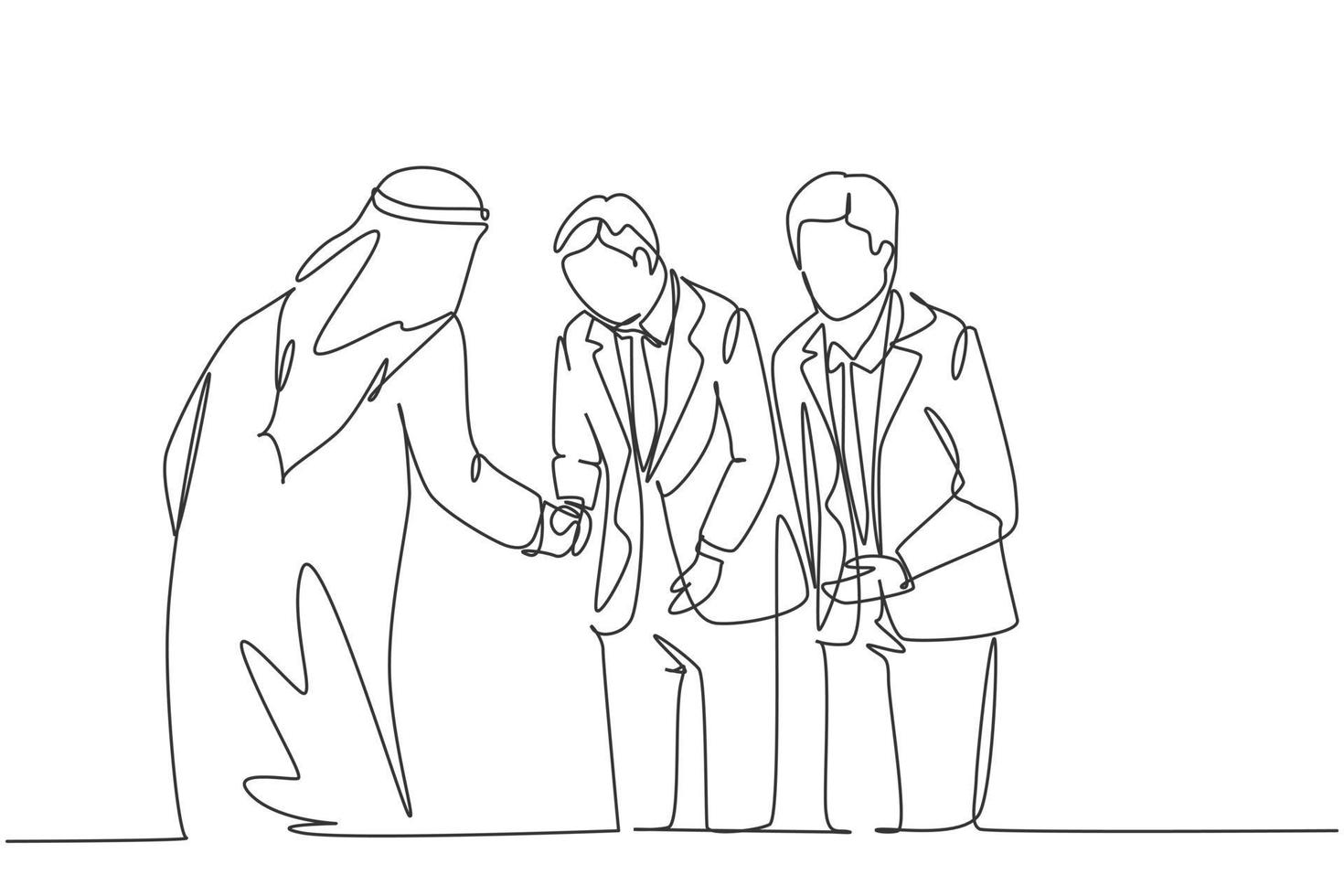 One continuous line drawing of young muslim businessman take bow to respect his Japanese colleague. Saudi Arabian businessmen with shemag, kandura, scarf. Single line draw design vector illustration