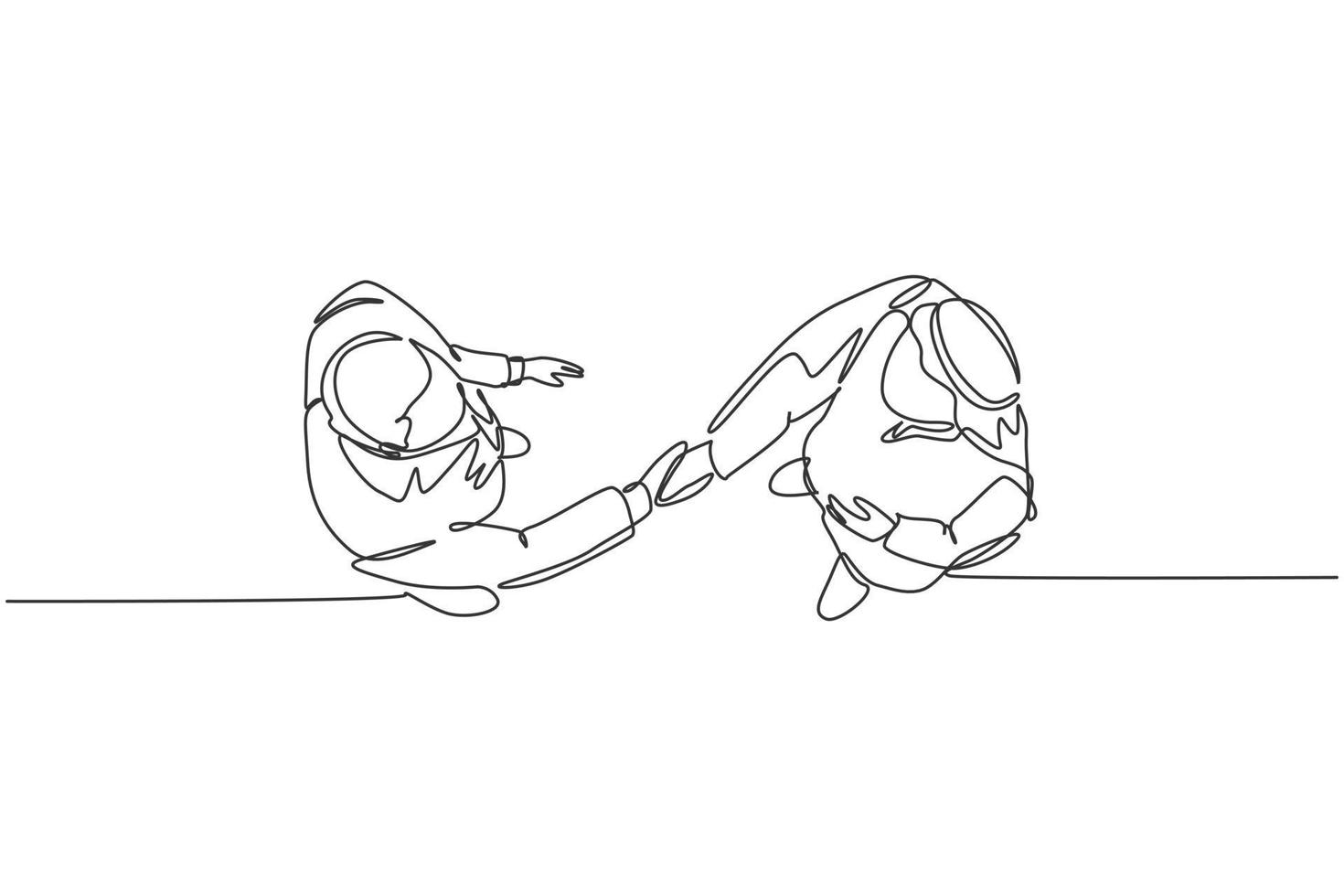 Single continuous line drawing of young happy muslim business man handshake his partner top view. Arab middle east businessmen with shmagh kandura robe cloth. One line draw design vector illustration