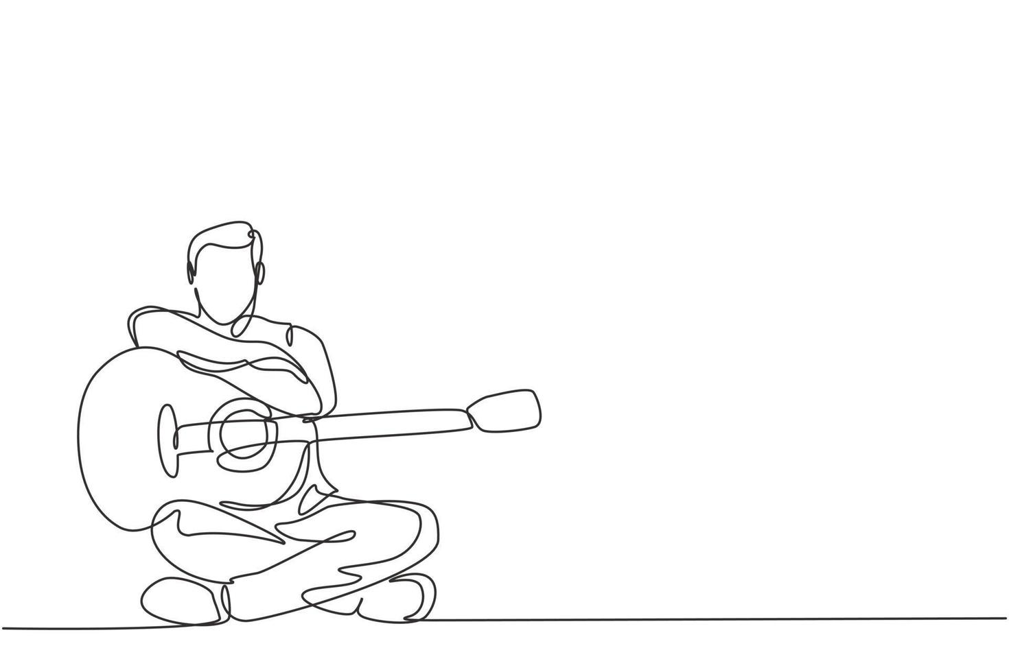 un dibujo de línea continua del joven guitarrista masculino feliz posando después de tocar la guitarra acústica. Concepto de rendimiento de artista dinámico músico ilustración de vector de diseño de dibujo gráfico de una sola línea