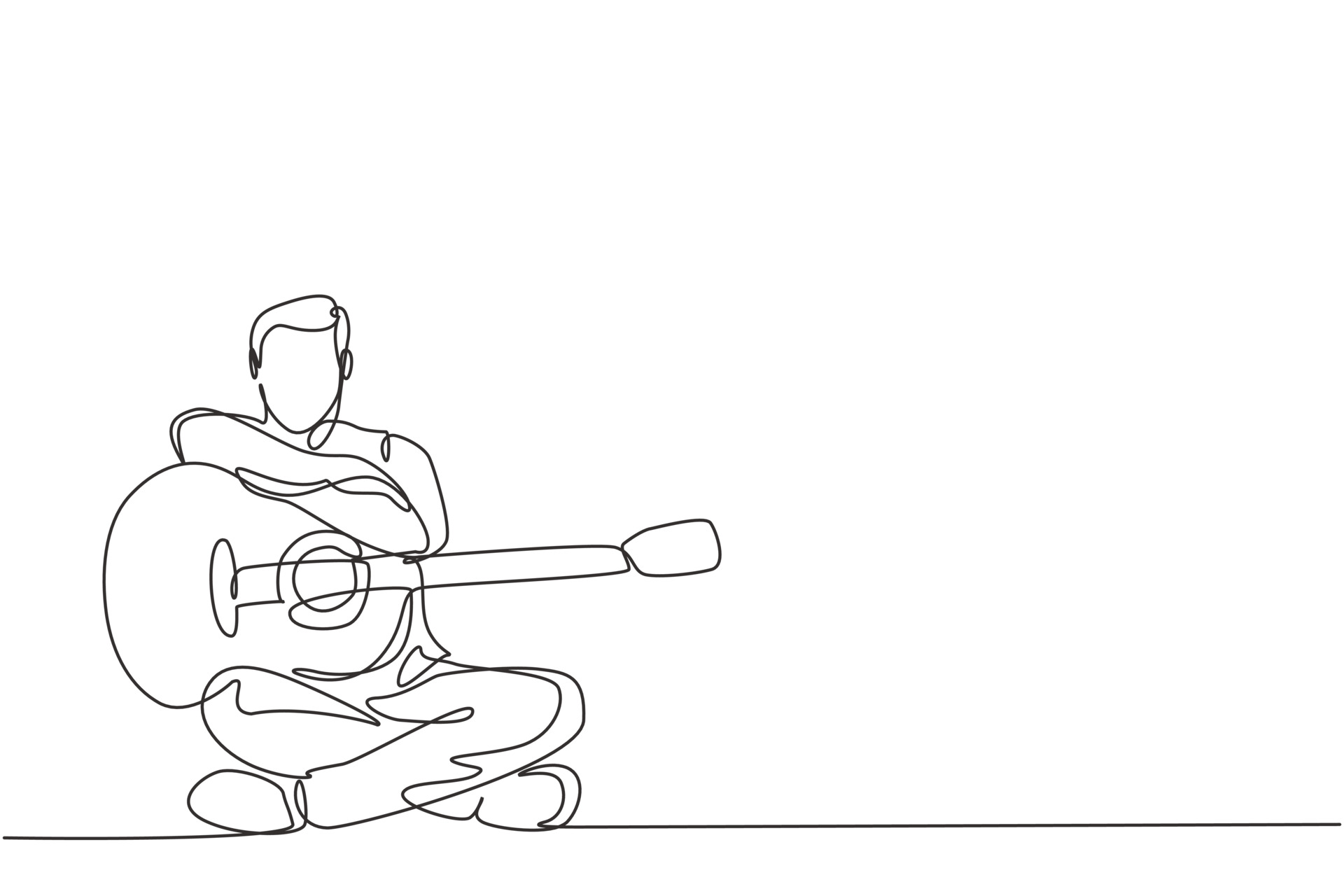 One continuous line drawing of young happy male guitarist posing after