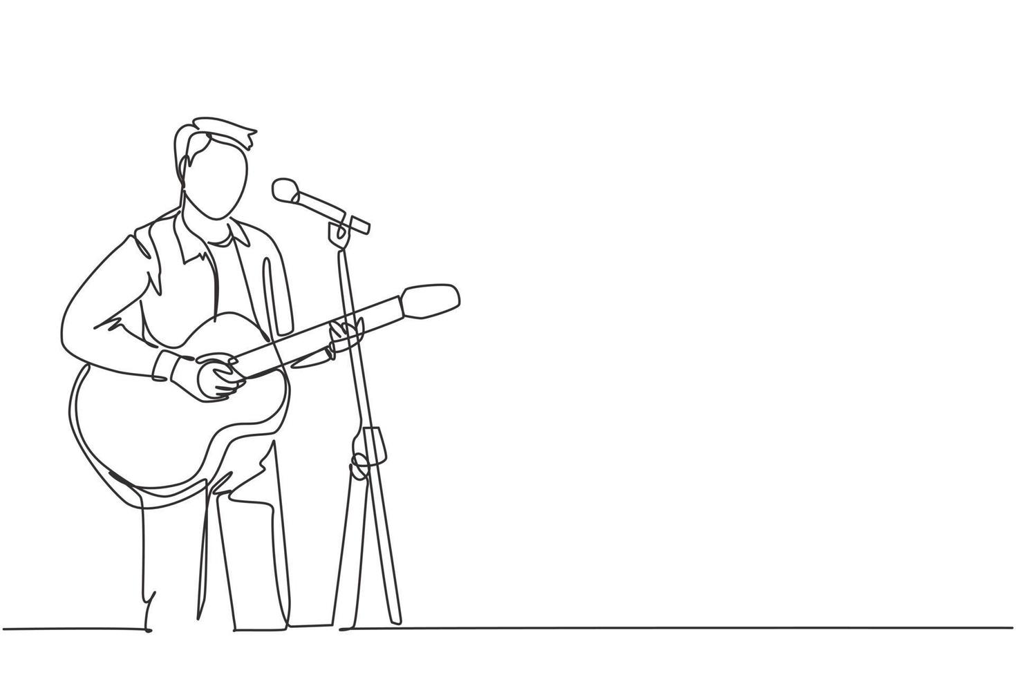 un dibujo de línea continua de un joven guitarrista masculino feliz tocando la guitarra acústica y cantando en el escenario del festival de música. Ilustración de vector de diseño de dibujo de línea única de concepto de rendimiento de artista músico