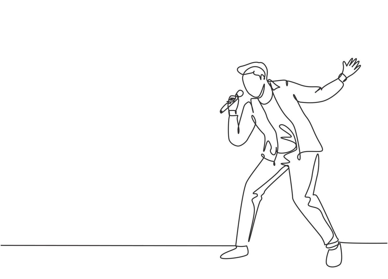 Single continuous line drawing of young happy male pop singer holding microphone and singing on music concert stage. Trendy musician artist performance concept one line draw design vector illustration