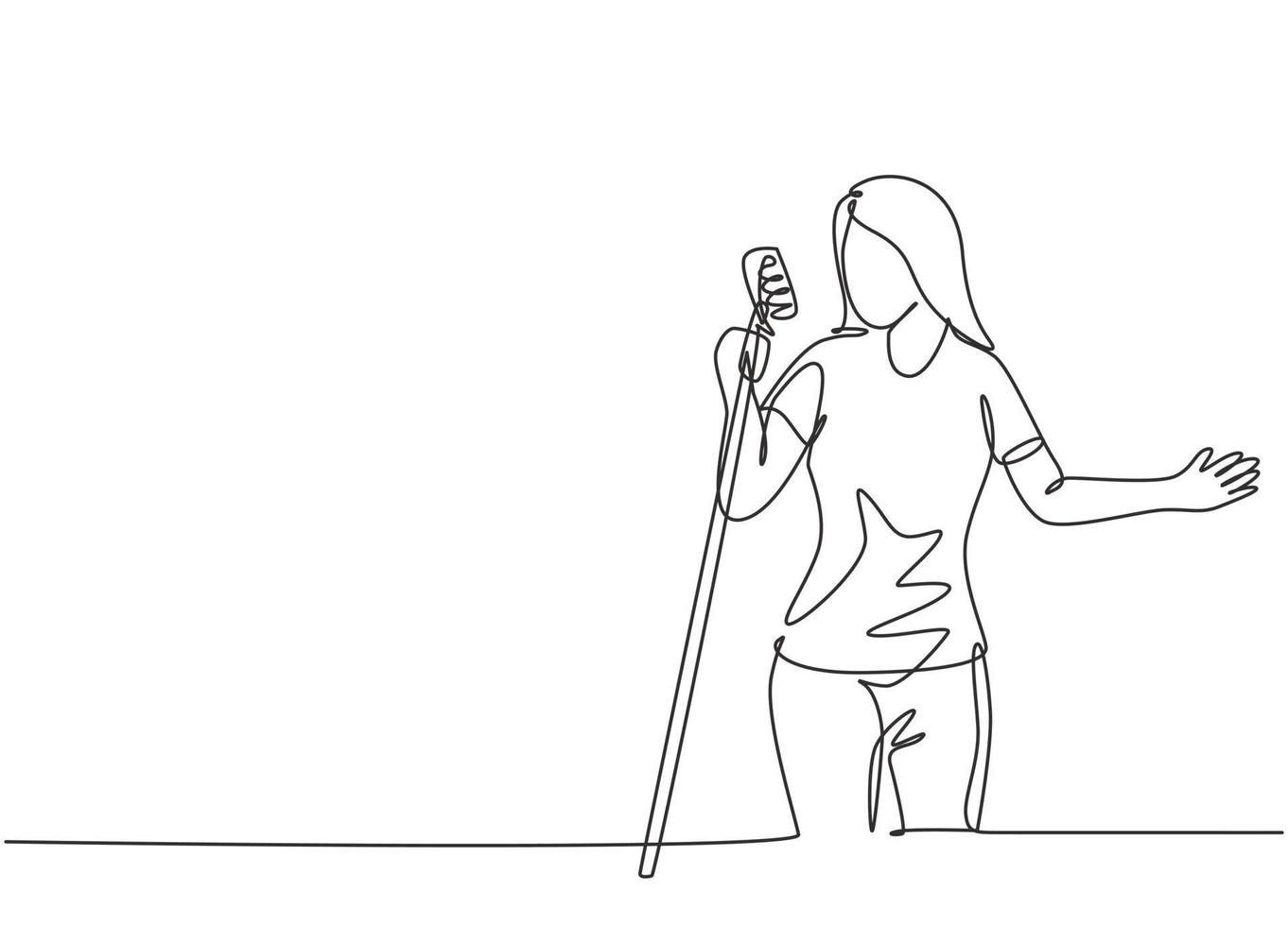 One single line drawing of young happy female singer holding a microphone and singing on music concert. Musician artist performance concept continuous line draw graphic design vector illustration