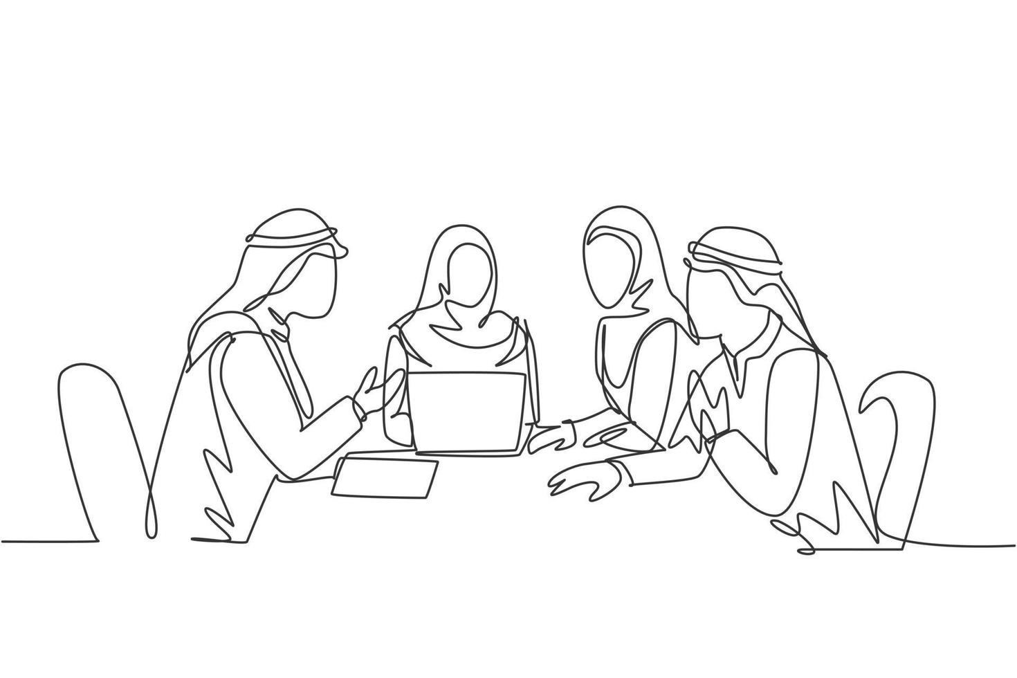 un dibujo de una sola línea de jóvenes empleados musulmanes felices de la empresa discutiendo el plan de presupuesto financiero. hijab de tela de arabia saudita, kandora, pañuelo en la cabeza, thobe. Ilustración de vector de diseño de dibujo de línea continua