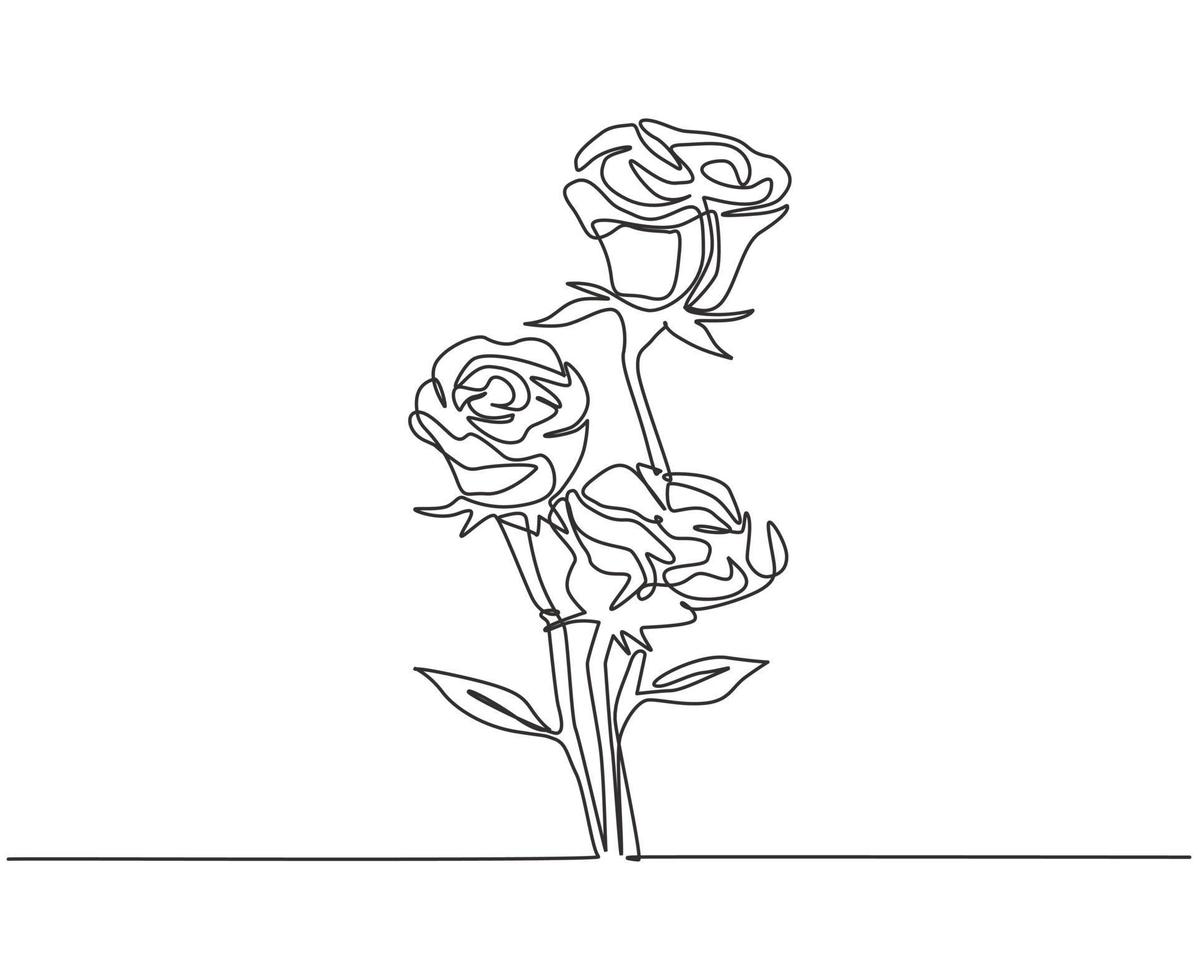 One single line drawing of fresh beautiful rose flowers romantic bouquet. Greeting card, invitation, logo, banner, poster concept. Modern continuous line draw design graphic vector illustration