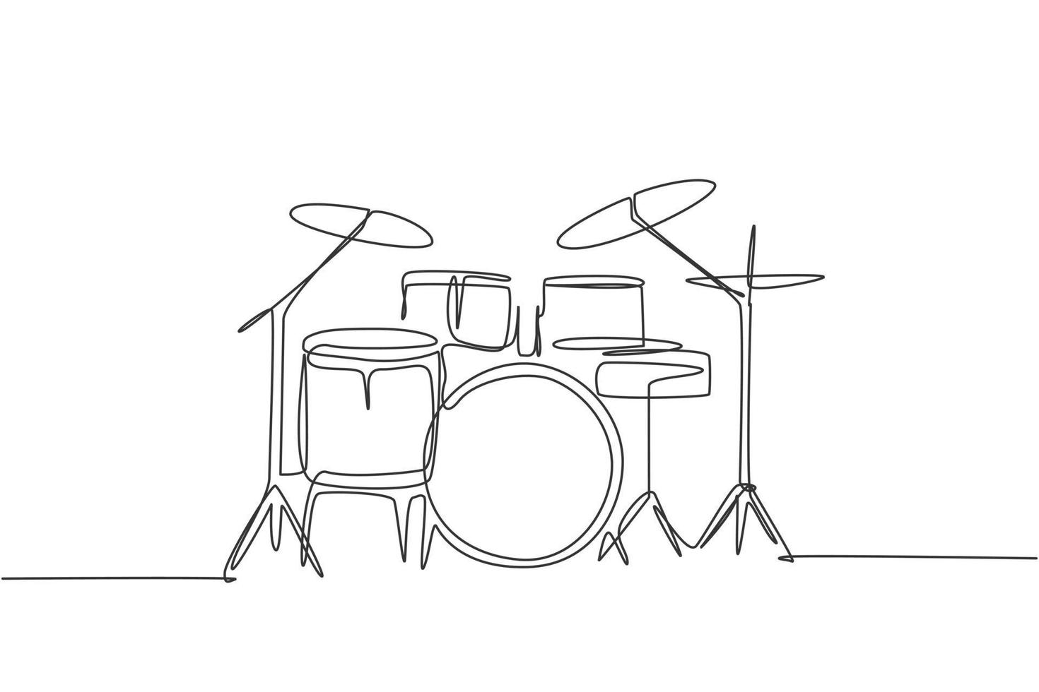un dibujo de una sola línea del conjunto de la banda de batería. concepto de instrumentos un dibujo de una sola línea del conjunto de la banda de batería. concepto de instrumentos