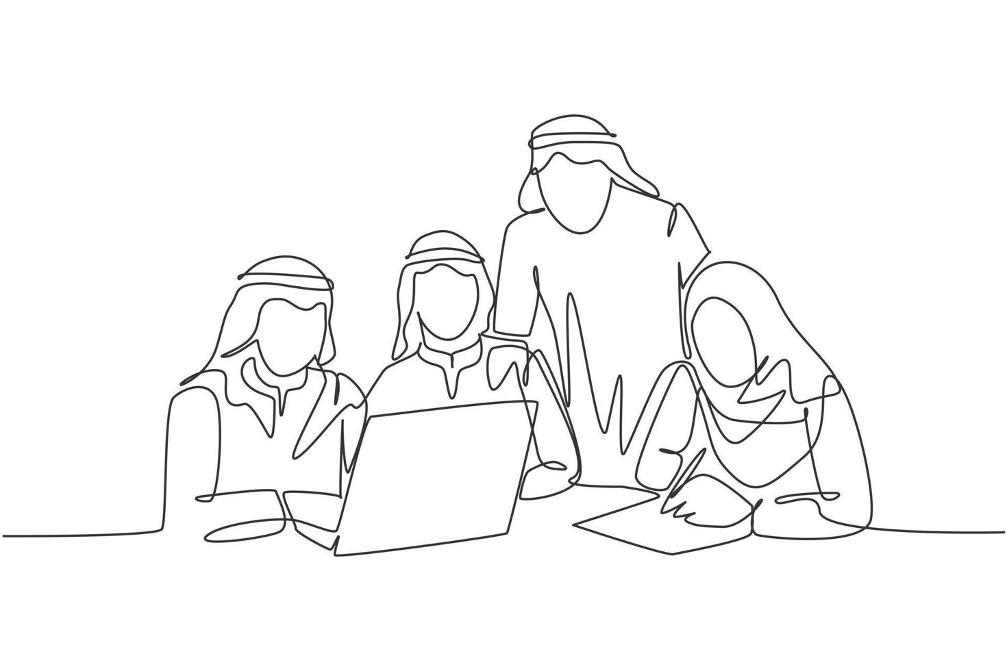 One continuous line drawing of young muslim startup team members serious discussing marketing strategy. Islamic clothing shemag, kandura, scarf hijab, veil. Single line draw design vector illustration