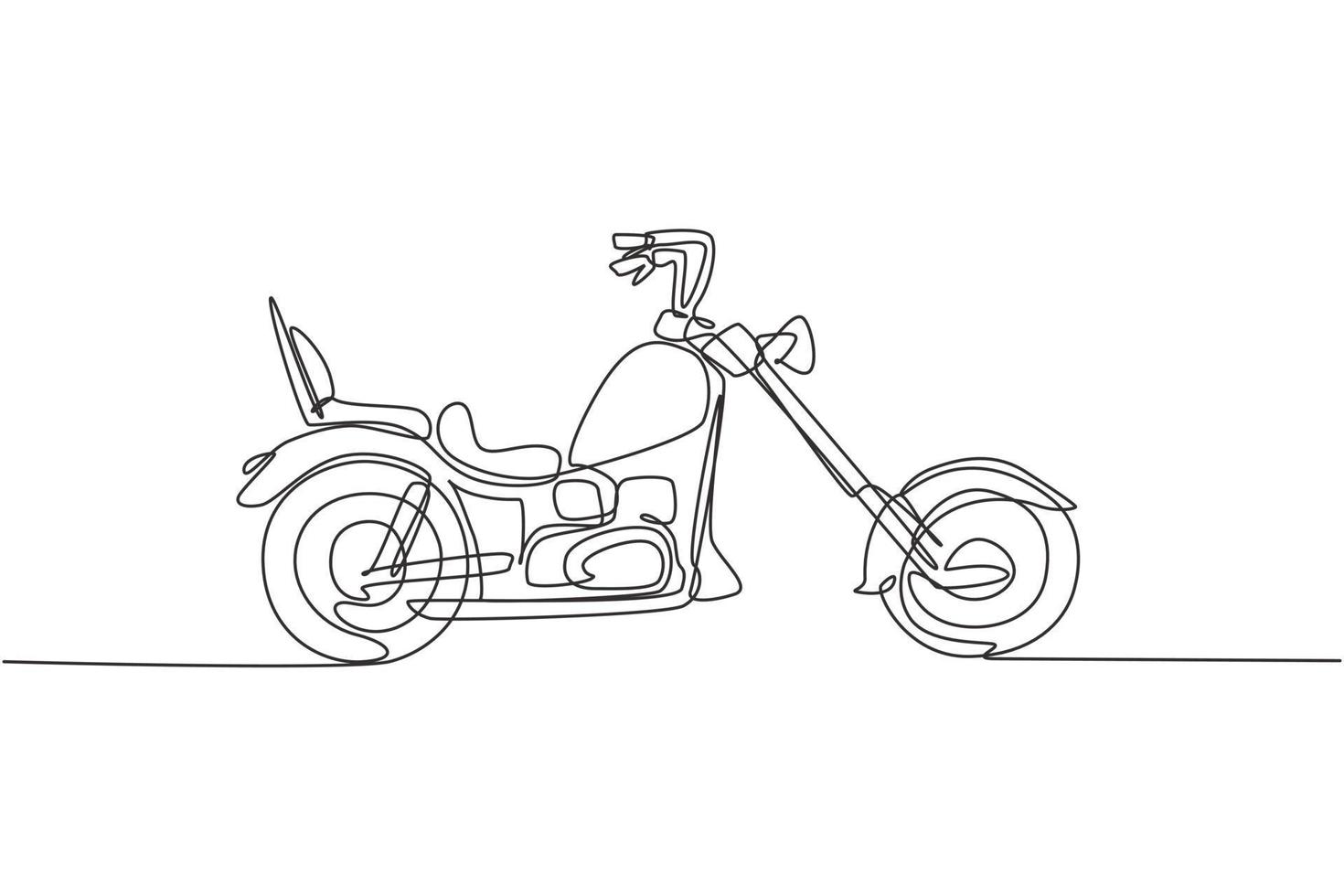 One single line drawing of old retro vintage chopper motorcycle. Vintage motorbike transportation concept continuous line graphic draw design vector illustration