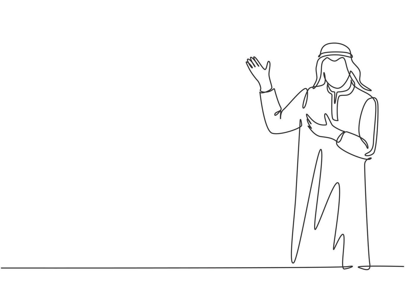 Single continuous line drawing of young muslim businessman giving presentation of explanation gesture hands. Arab middle east cloth kandura, thawb, robe. One line draw design vector illustration