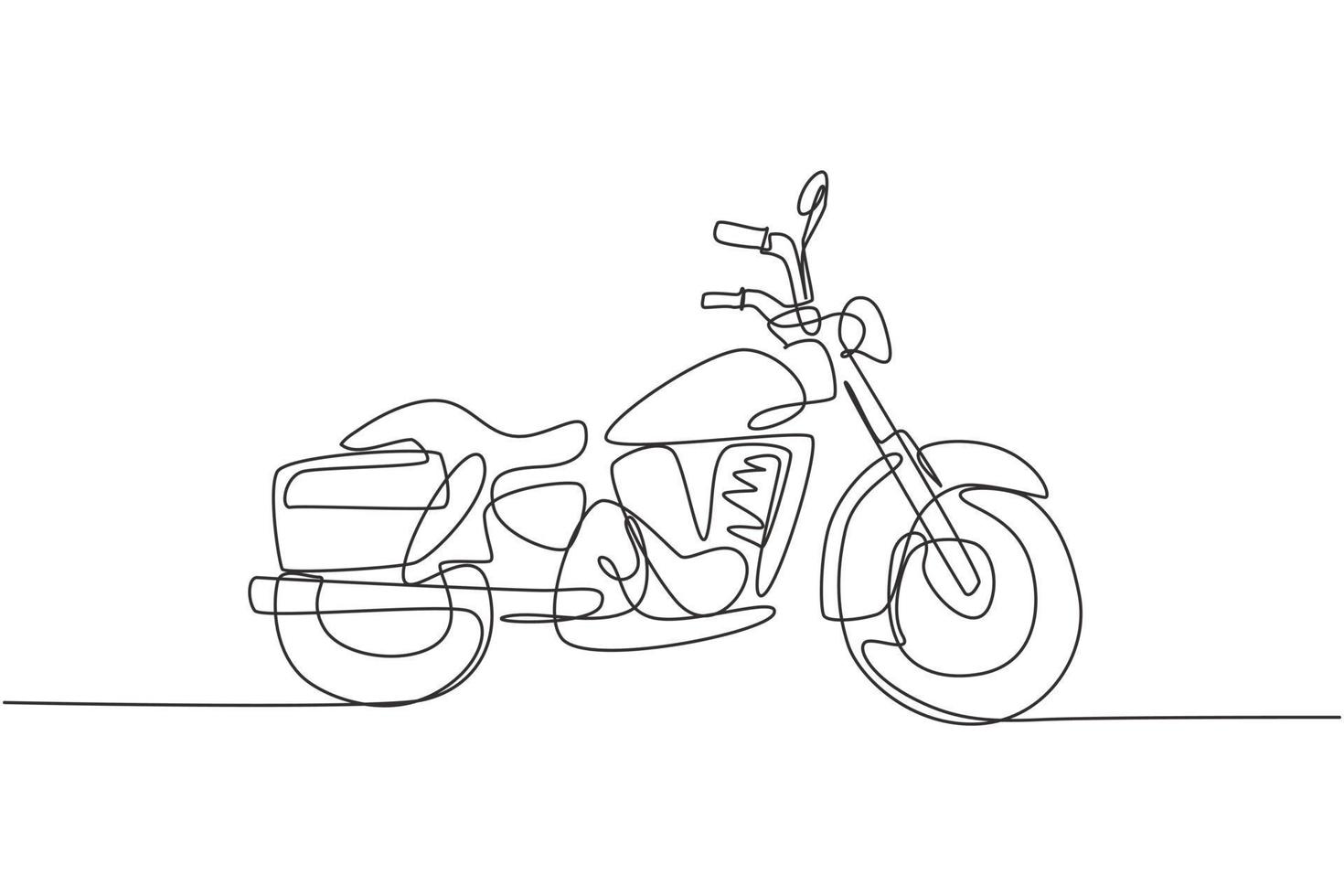 Single continuous line drawing of old classic vintage motorcycle symbol. Retro motorbike transportation concept one line draw design vector graphic illustration