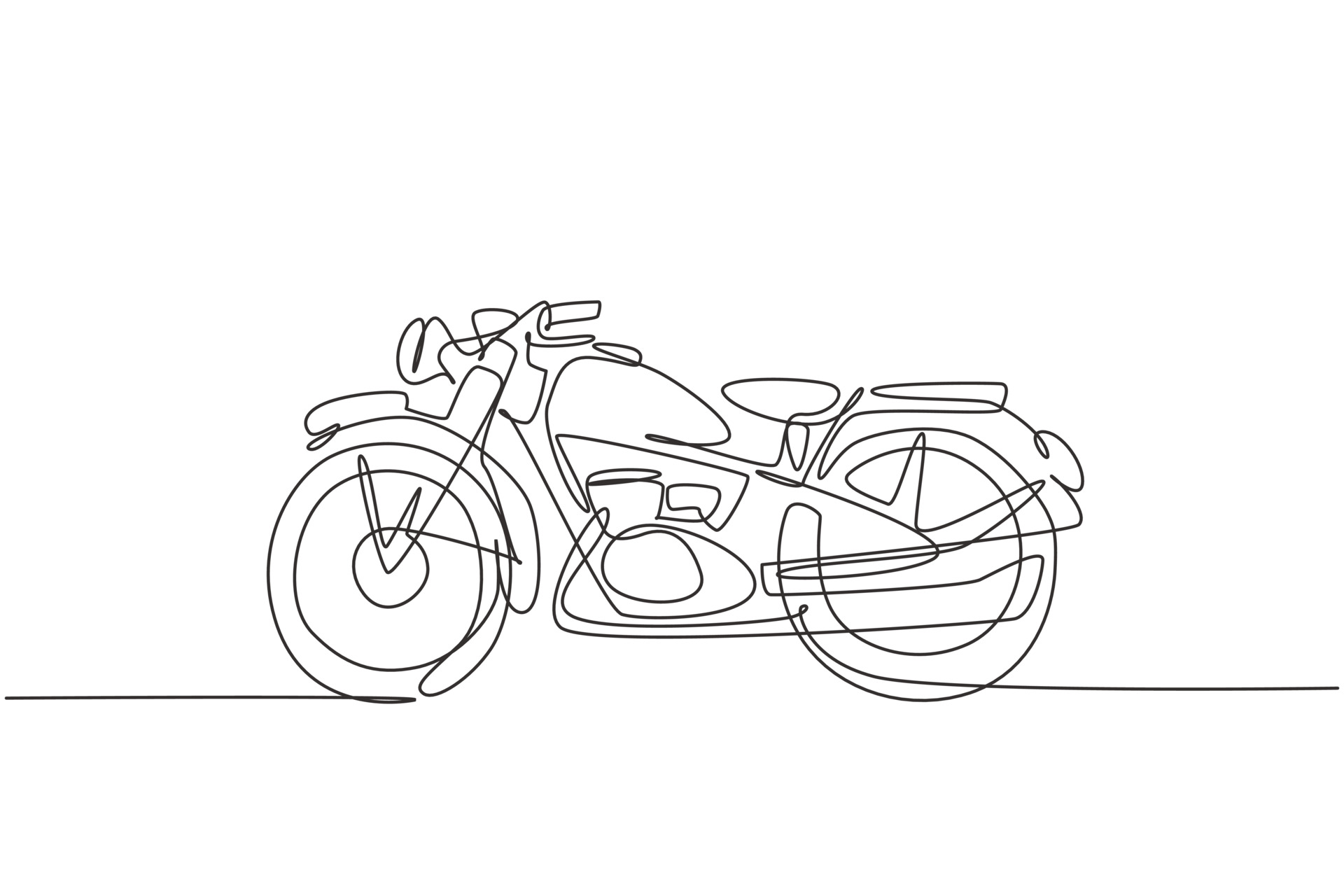 Single continuous line drawing of classic motorbike logo. Rural