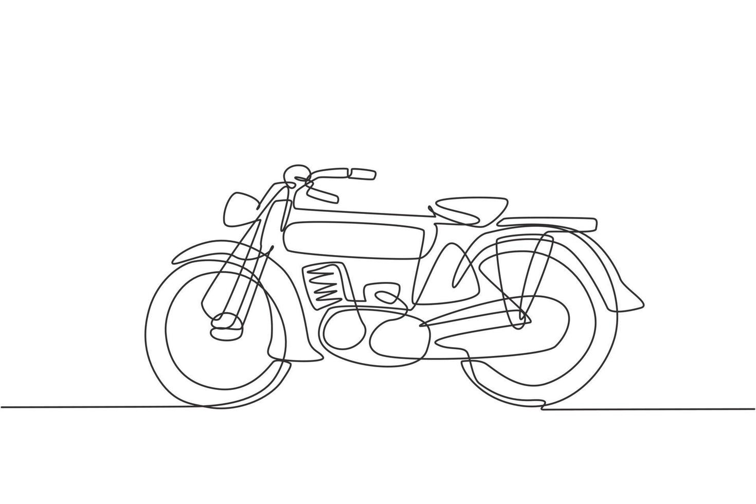 One single line drawing of old retro vintage motorcycle. Vintage motorbike transportation concept continuous line graphic draw design vector illustration