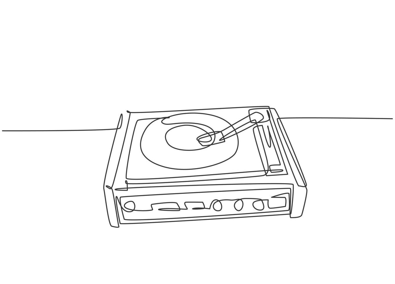 Single continuous line drawing of retro old classic portable music turntable vinyl disc jockey. Vintage analog audio player item concept one line draw design vector illustration graphic