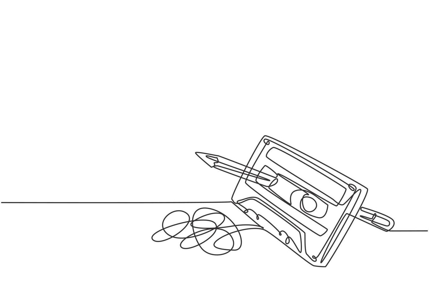 Un dibujo de una sola línea de una cinta de cassette analógica enredada gira con un lápiz de madera. Concepto de elemento musical vintage gráfico de ilustración de vector de diseño de dibujo de línea continua