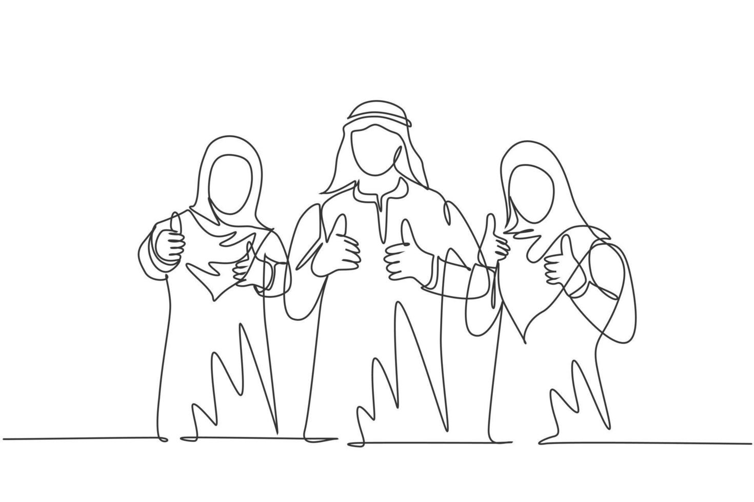 Single continuous line drawing of young muslim general manager with his assistants giving thumb up gestures. Arab middle east cloth kandura, thawb, robe. One line draw design vector illustration