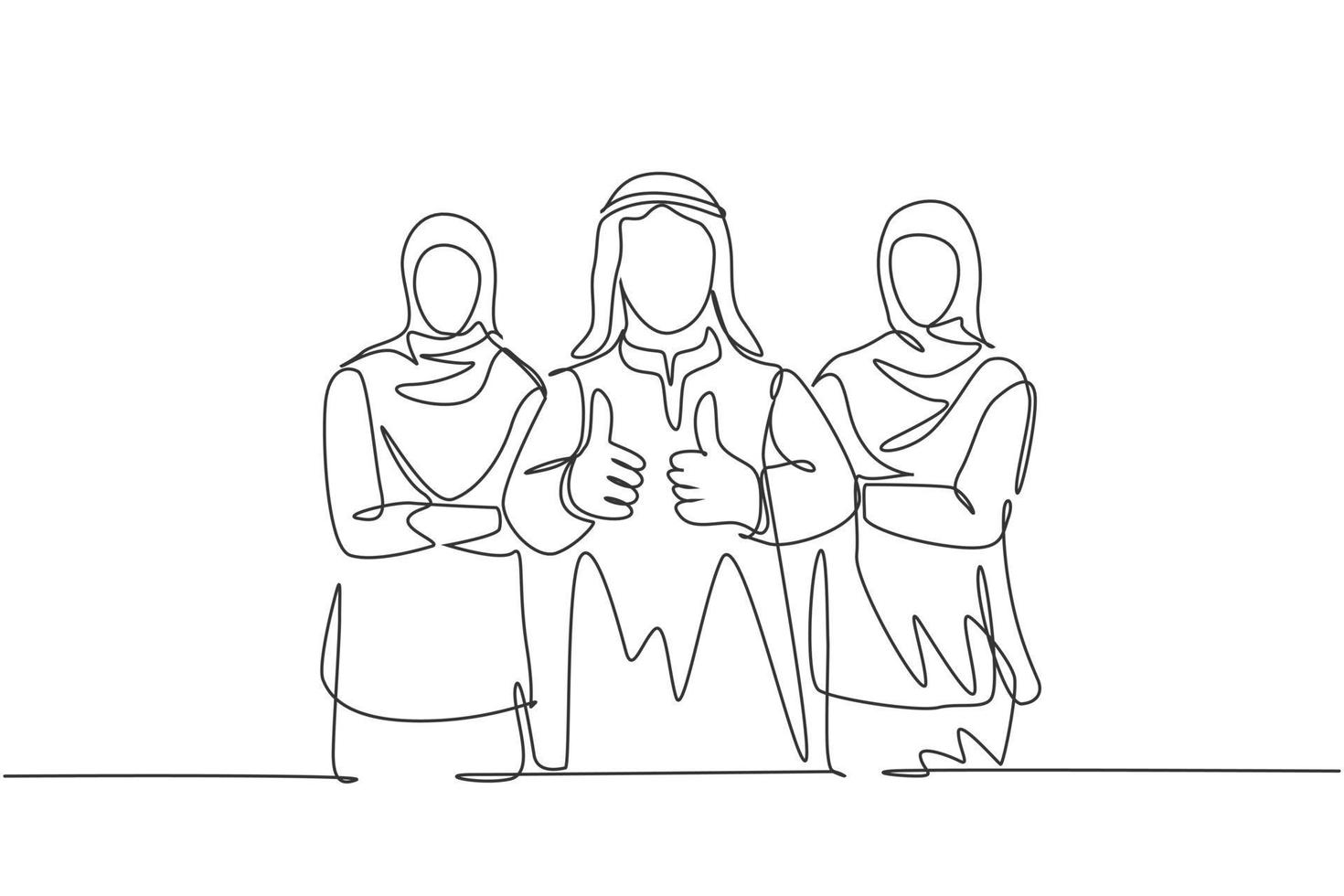 One continuous line drawing of young muslim business team members lining up while give thumb up gesture. Islamic clothing shemag, scarf, keffiyeh, hijab. Single line draw design vector illustration