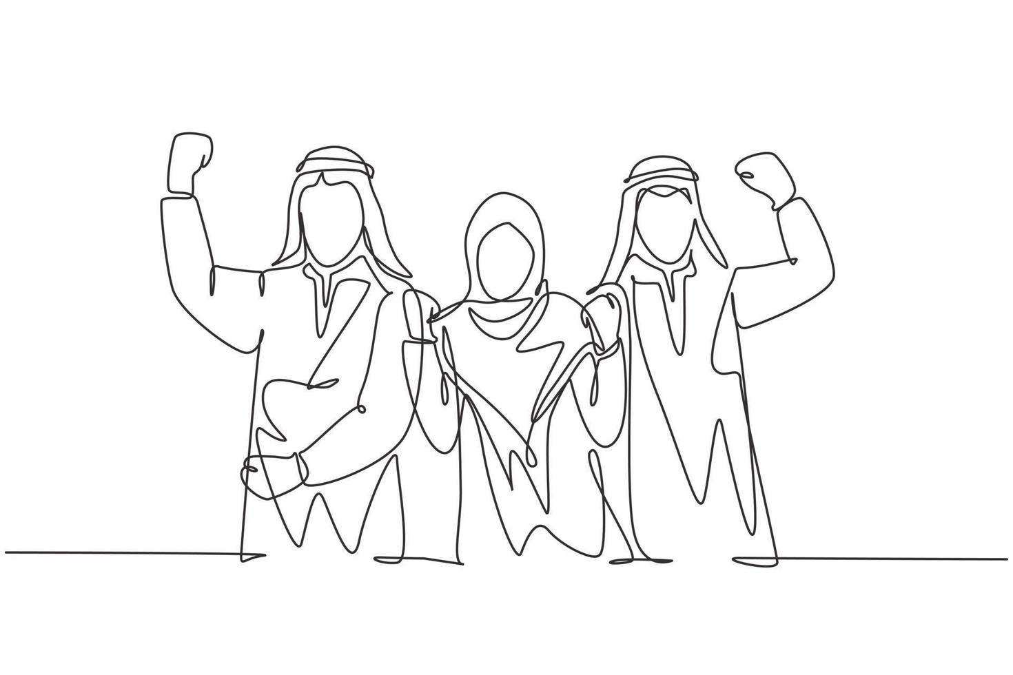 One single line drawing of young happy muslim marketing staff show teamwork. Saudi Arabian businessmen with shmag, kandora, headscarf, thobe, ghutra. Continuous line draw design vector illustration