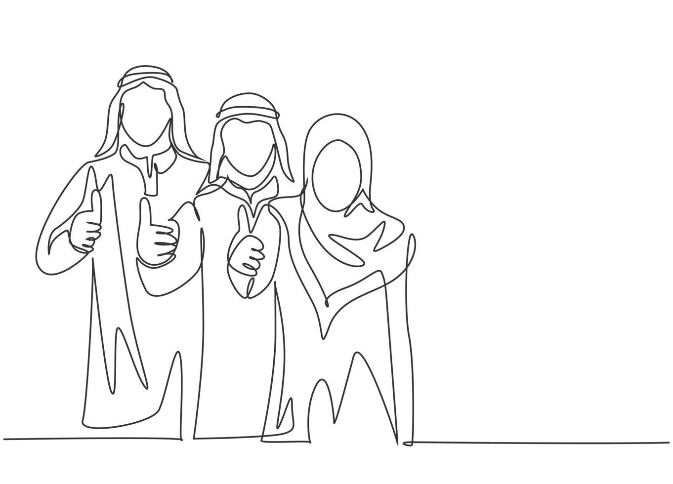 Single continuous line drawing of young muslim male and female marketing managers giving thumbs up gestures. Arab middle east cloth shmagh, kandura, thawb. One line draw design vector illustration