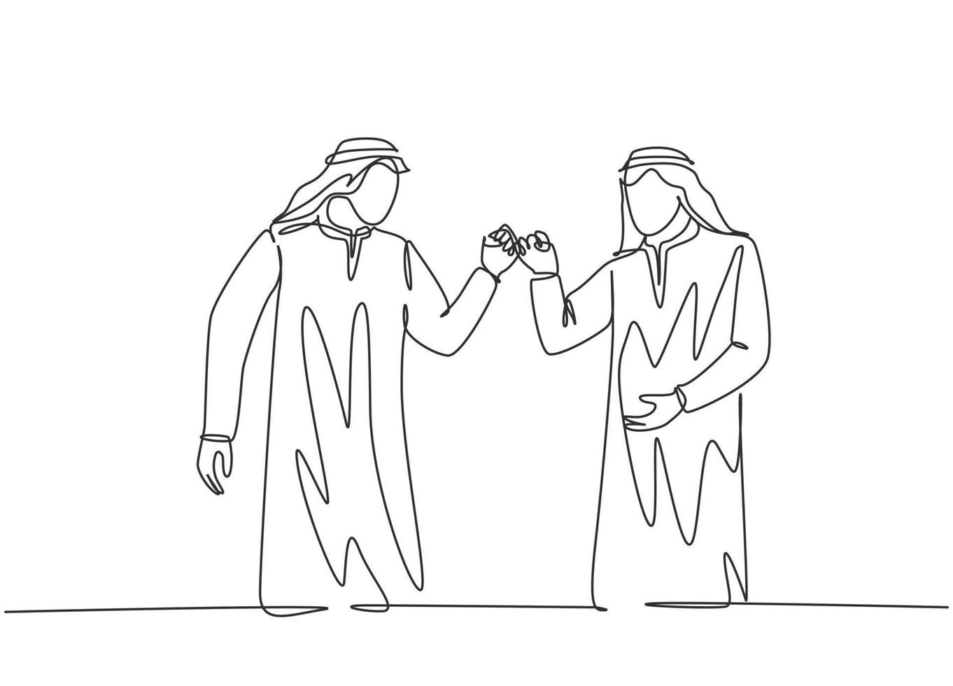 One single line drawing of young happy muslim workers fist bump their hands together. Saudi Arabian businessmen with shmag, kandora, headscarf, thobe. Continuous line draw design vector illustration