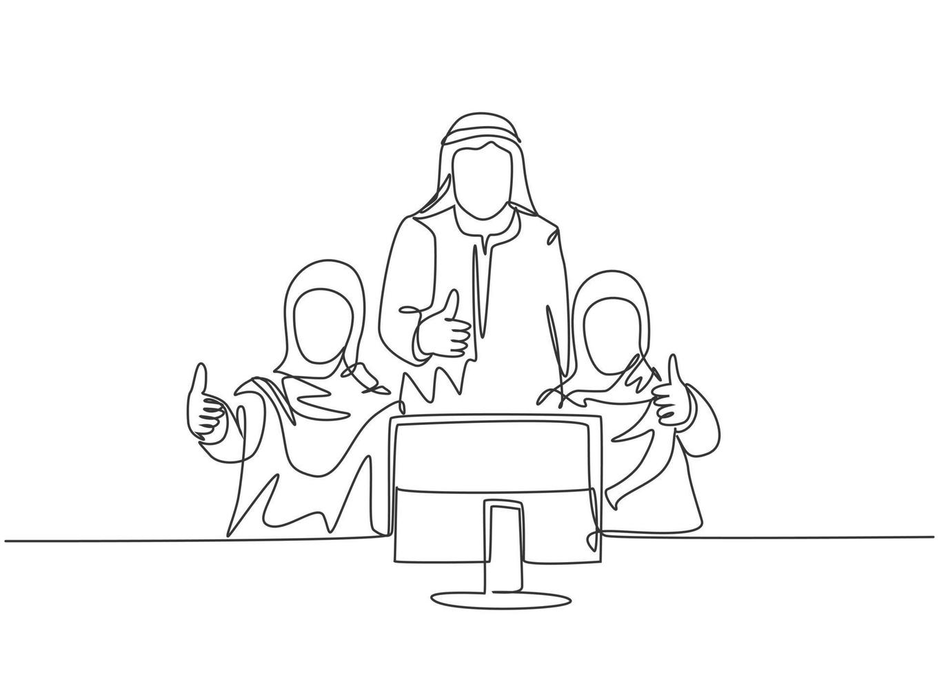 One continuous line drawing of young muslim male and female company workers giving thumbs up gestures. Islamic clothing shemag, kandura, scarf, keffiyeh. Single line draw design vector illustration