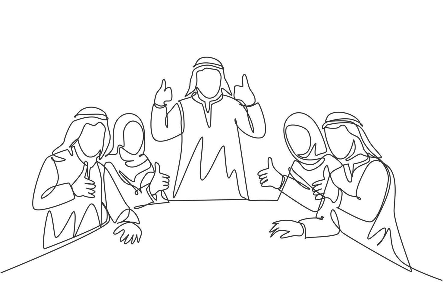 One single line drawing of young happy muslim businessman and his diversity team give thumb up. Saudi Arabia cloth shmag, headscarf, thobe, ghutra. Continuous line draw design vector illustration