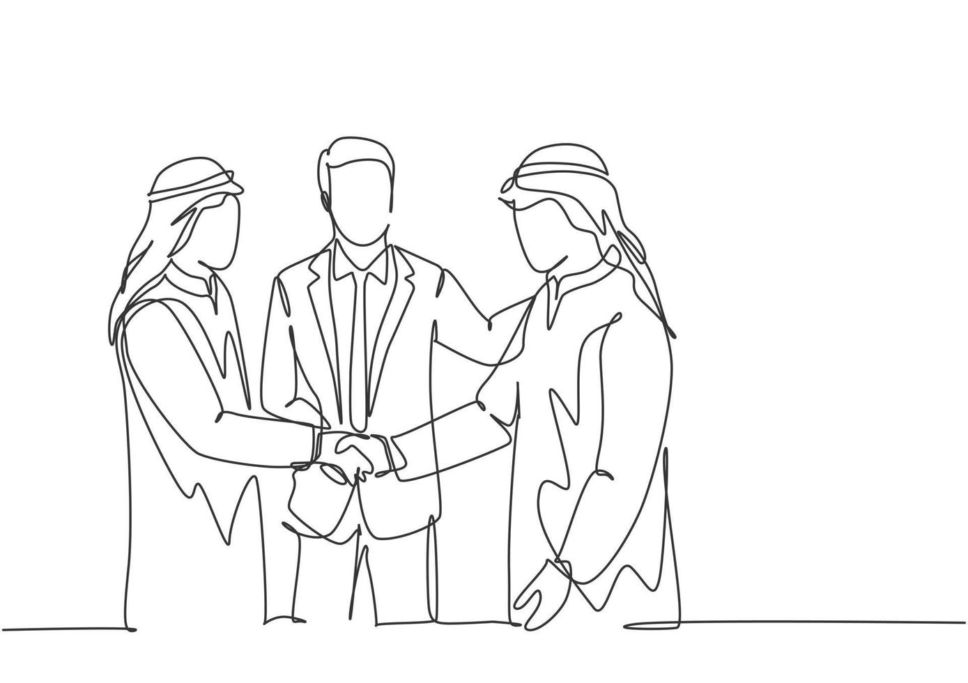 One continuous line drawing of young muslim business man handshake his colleague. Saudi Arabian businessmen with shemag, kandura, scarf, keffiyeh clothing. Single line draw design vector illustration