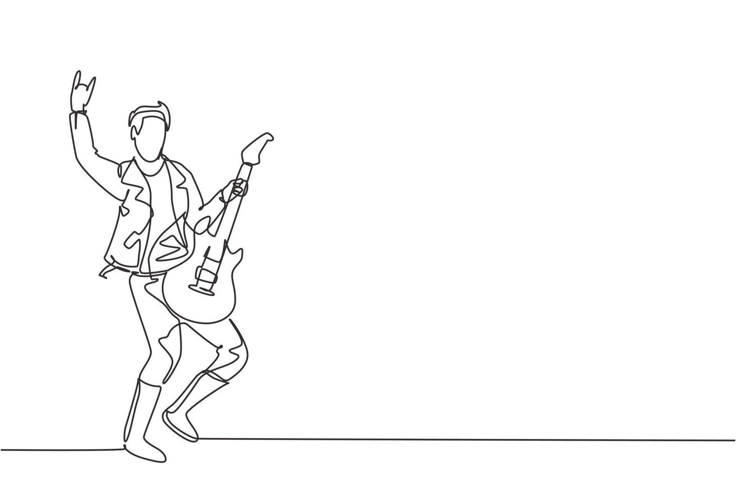 un solo dibujo de línea del joven guitarrista masculino feliz tocando la guitarra eléctrica en el escenario del festival de música. Músico artista concepto de rendimiento línea continua dibujar diseño gráfico vectorial ilustración vector