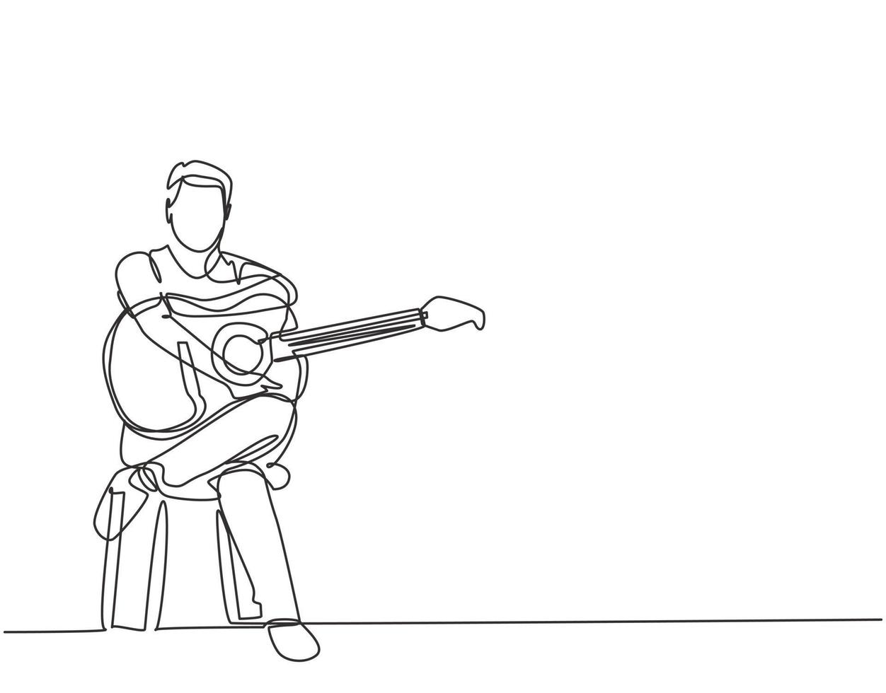 Single continuous line drawing of young happy male guitarist sitting after playing acoustic guitar on chair. Trendy musician artist performance concept one line graphic draw design vector illustration