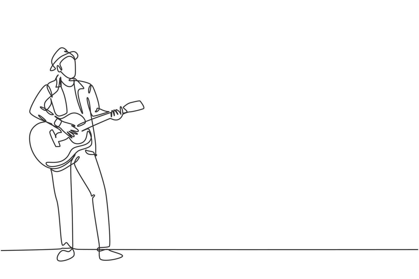 One continuous line drawing of young happy male guitarist wearing hat and playing acoustic guitar on street road. Trendy musician artist performance concept single line draw design vector illustration