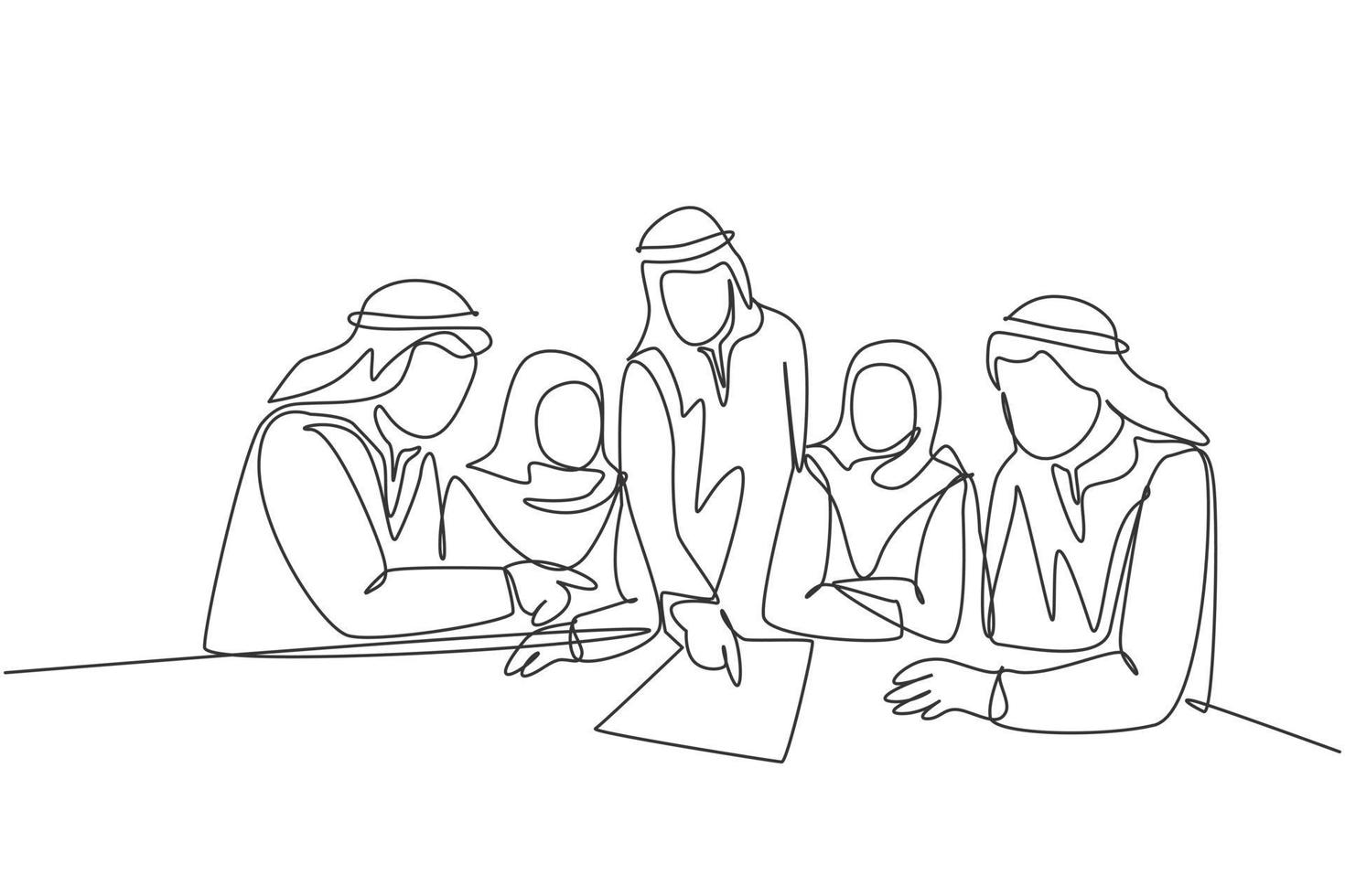 One continuous line drawing of young muslim businesspeople discussing deal project together while team meeting. Islamic clothing shemag, scarf, hijab. Single line draw design vector illustration