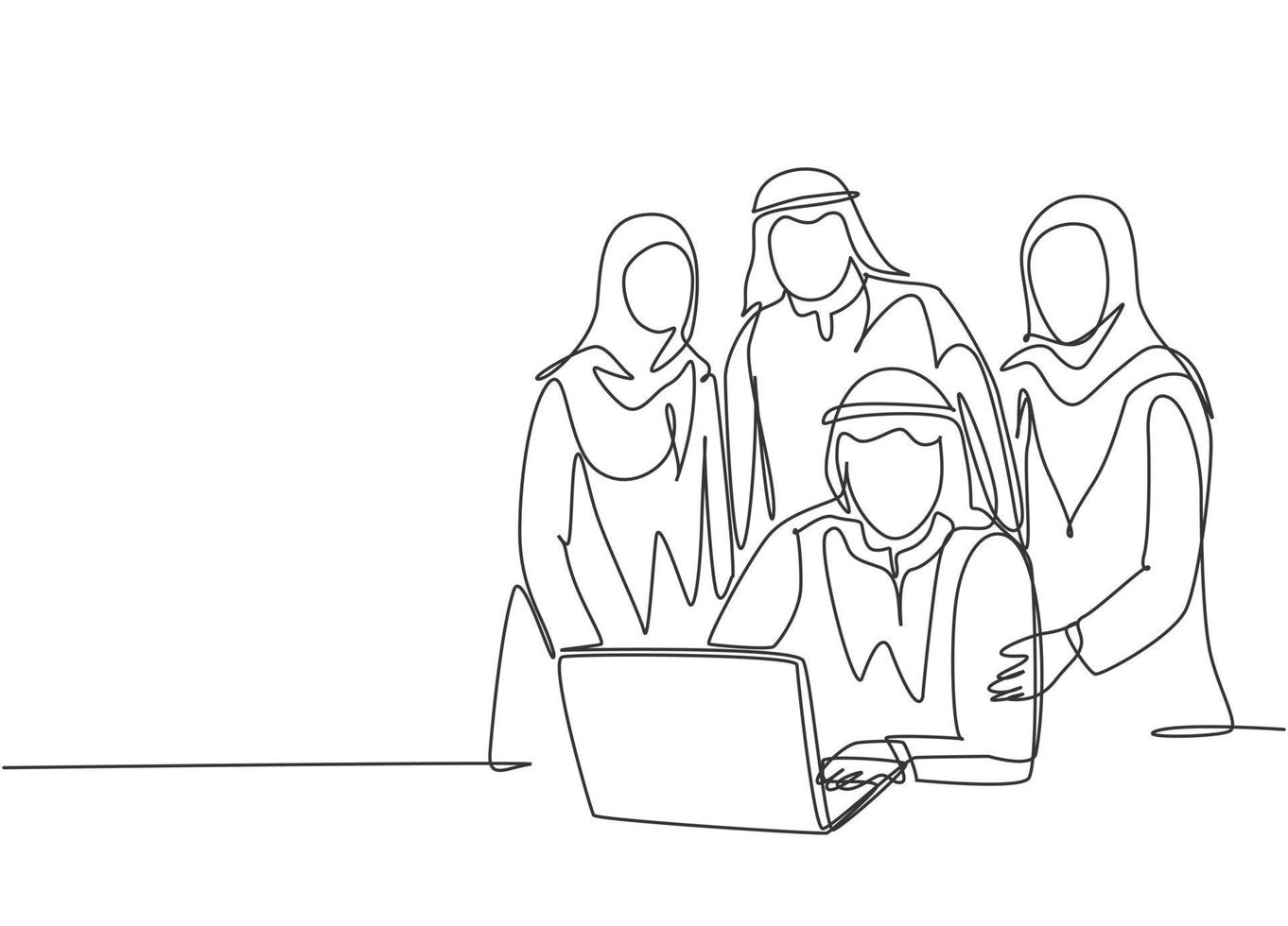un dibujo de una sola línea de jóvenes miembros del equipo de inicio musulmanes felices posan juntos sólidamente. tela de arabia saudita shmag, kandora, pañuelo en la cabeza, thobe, ghutra. Ilustración de vector de diseño de dibujo de línea continua
