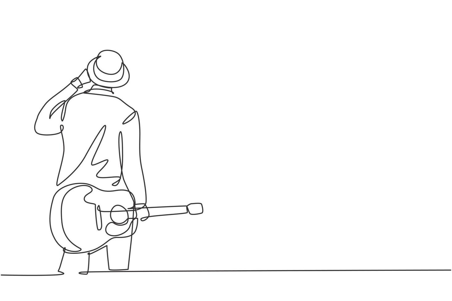 One continuous line drawing of young happy male guitarist wearing hat and holding acoustic guitar on his hand. Modern musician artist concept single line draw graphic design vector illustration