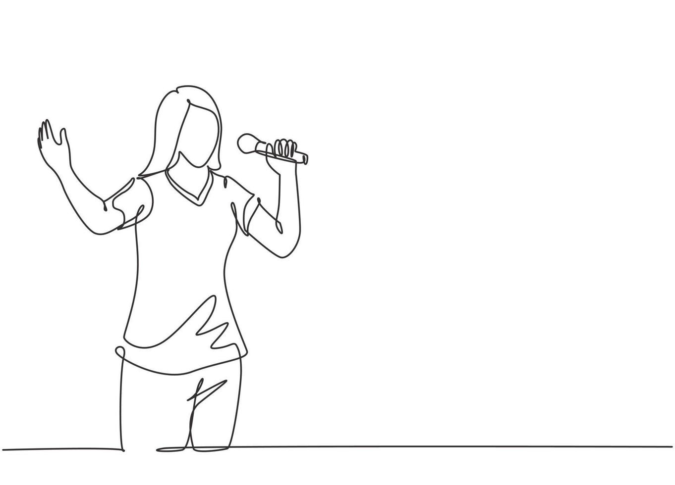 One continuous line drawing of young happy female singer holding a microphone and singing on music festival. Musician artist performance concept single line draw design graphic vector illustration