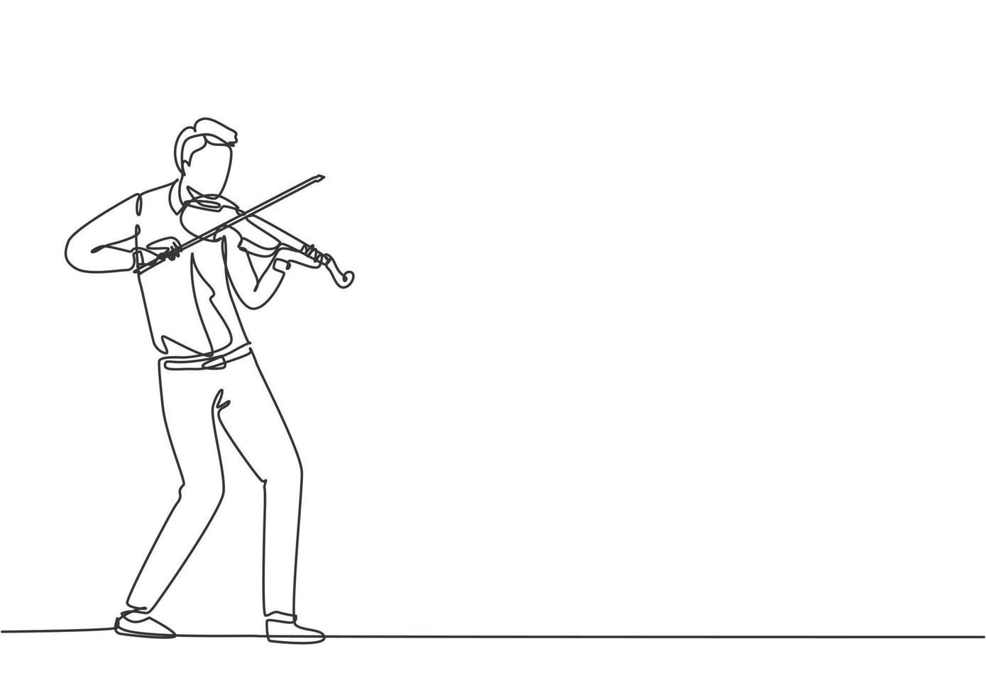dibujo de una sola línea del joven violinista masculino feliz tocando el violín en un concierto de música. Músico artista concepto de rendimiento línea continua dibujar diseño gráfico vectorial ilustración vector