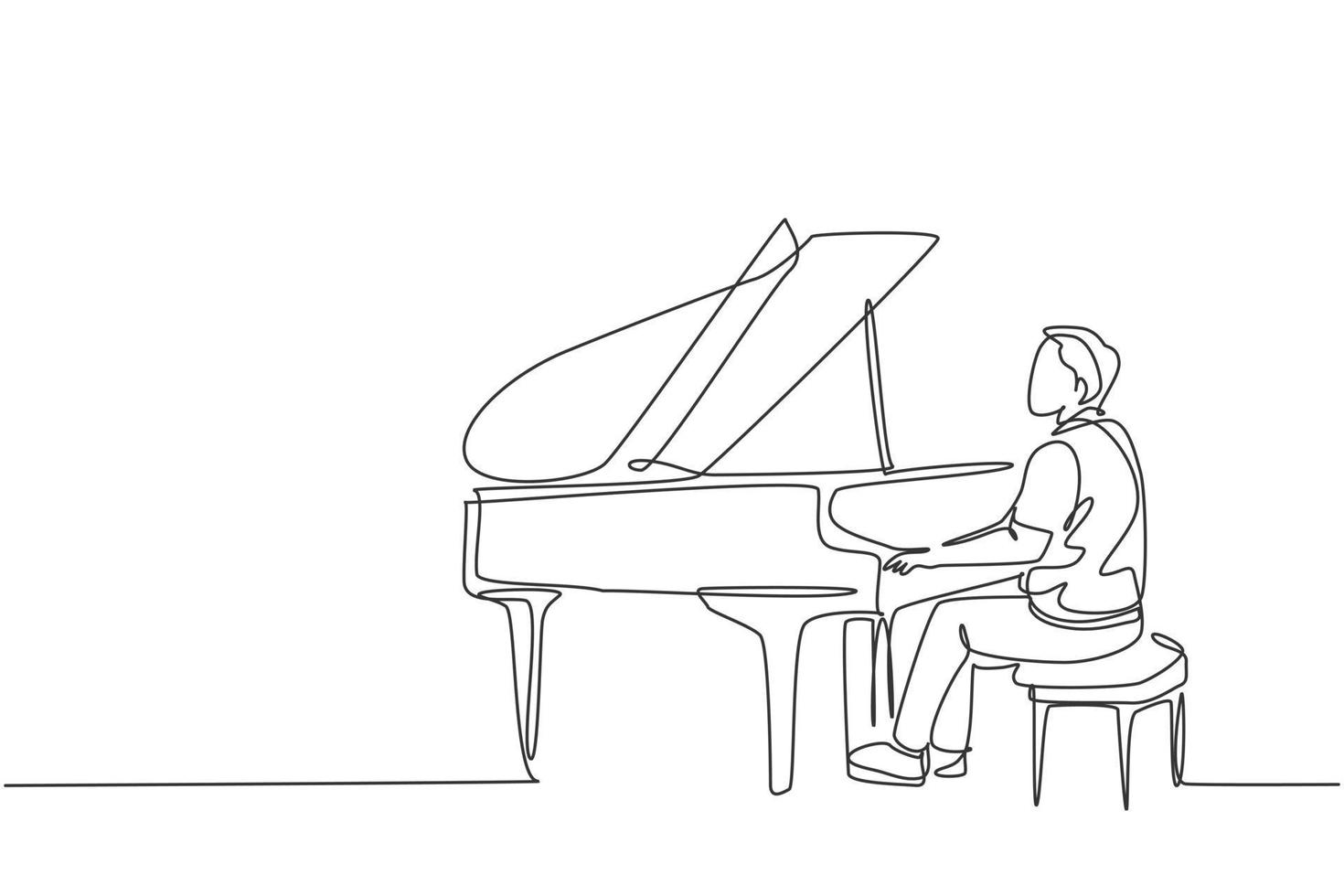 dibujo de línea continua única de joven pianista masculino feliz tocando el piano de cola clásico en la orquesta de conciertos de música. Músico artista concepto de rendimiento una línea dibujar diseño gráfico ilustración vectorial vector
