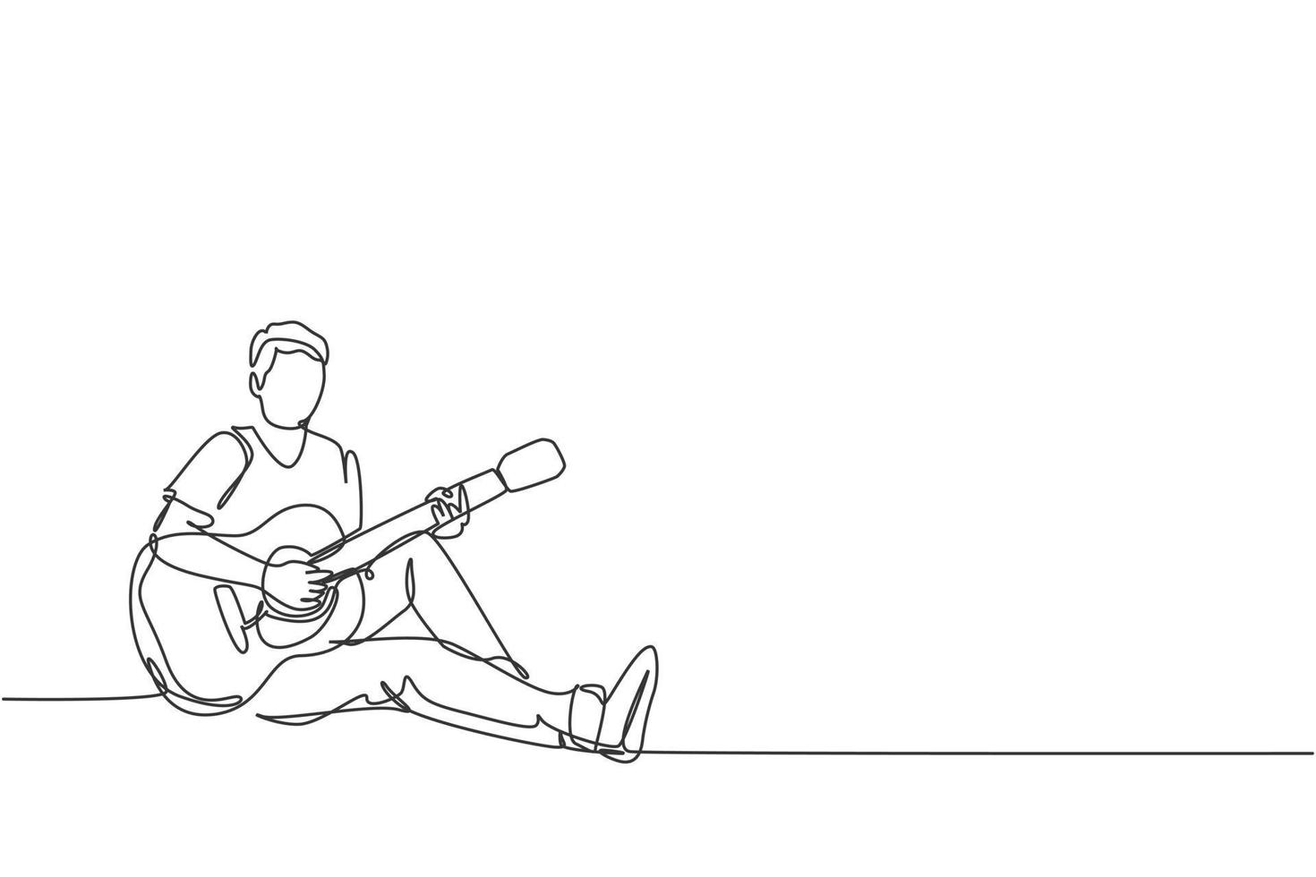 One continuous line drawing of young happy male guitarist sitting relax on the floor while playing acoustic guitar. Musician artist performance concept single line draw design vector illustration