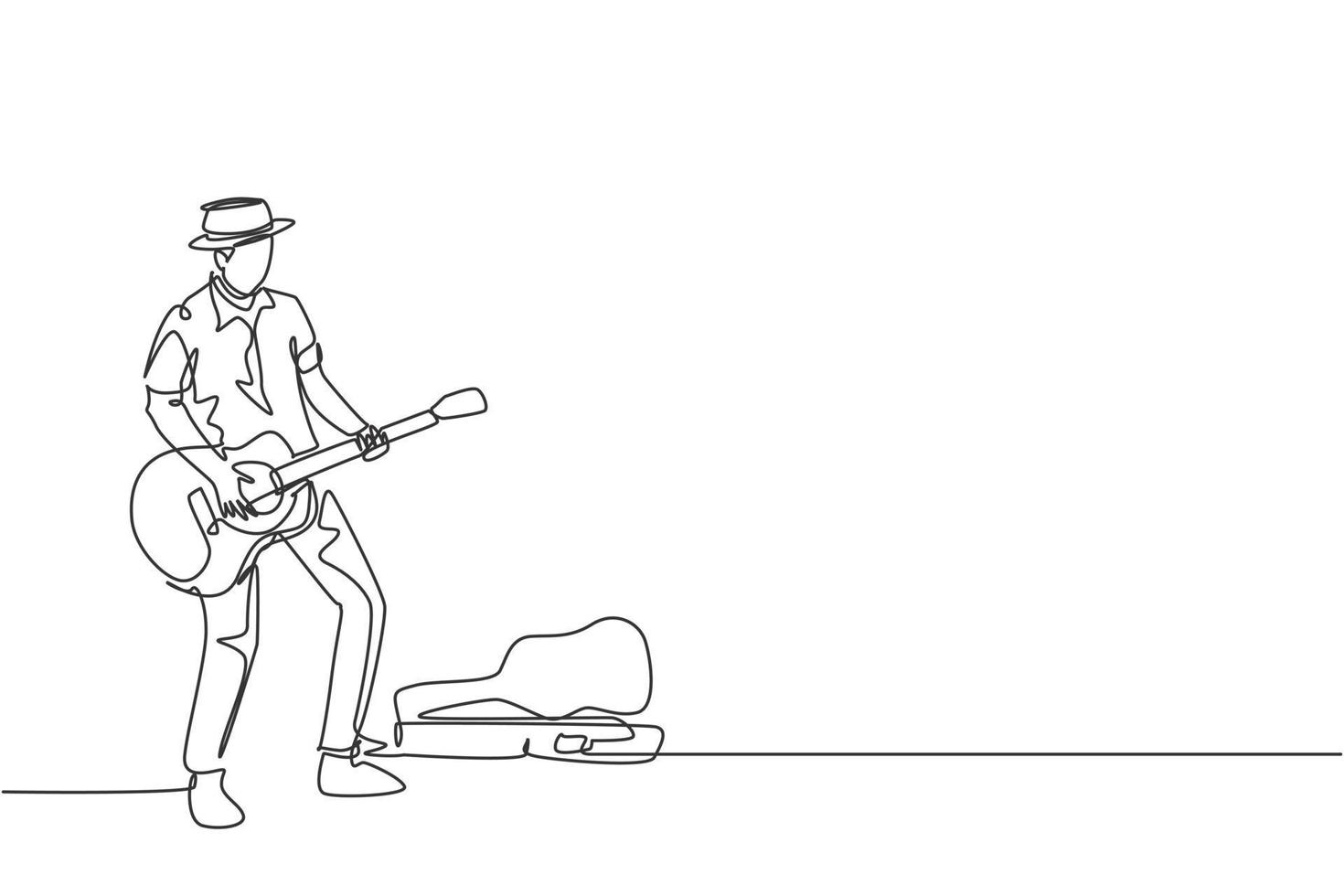 One continuous line drawing of young happy male guitarist standing and busking by playing guitar on city road. Street musician artist performance concept single line draw design vector illustration