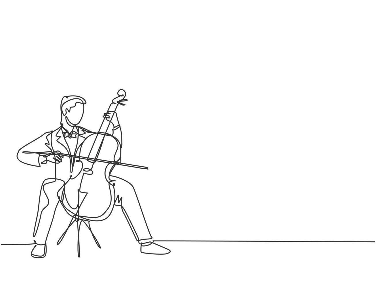 un dibujo de una sola línea de un joven violonchelista masculino feliz tocando el violonchelo en un concierto de orquesta clásica. Músico artista concepto de rendimiento línea continua dibujo gráfico diseño ilustración vectorial vector