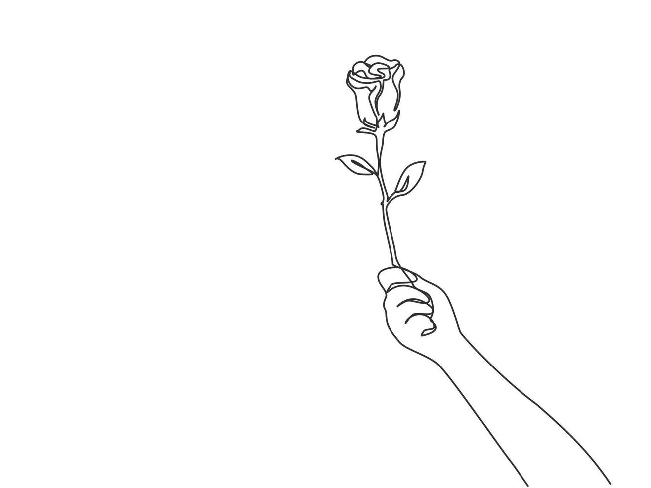 One single line drawing of hand holding fresh romantic beautiful rose flower. Greeting card, invitation, logo, banner, poster concept. Dynamic continuous line graphic draw design vector illustration