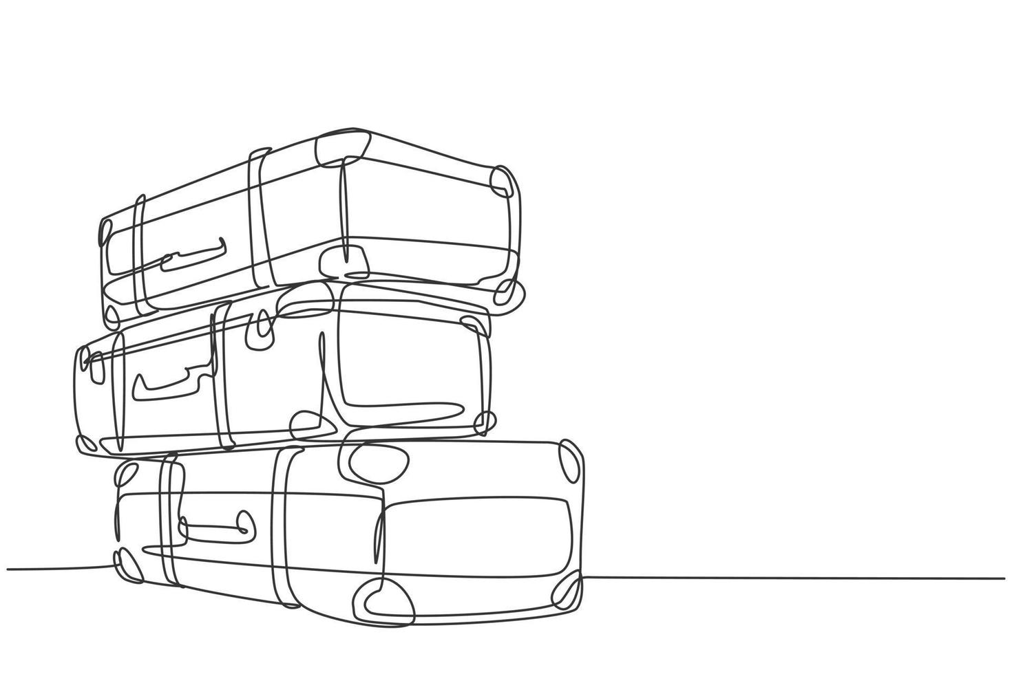 One continuous line drawing of old retro vintage leather suitcases stack. Classic travelling item concept single line draw graphic design vector illustration